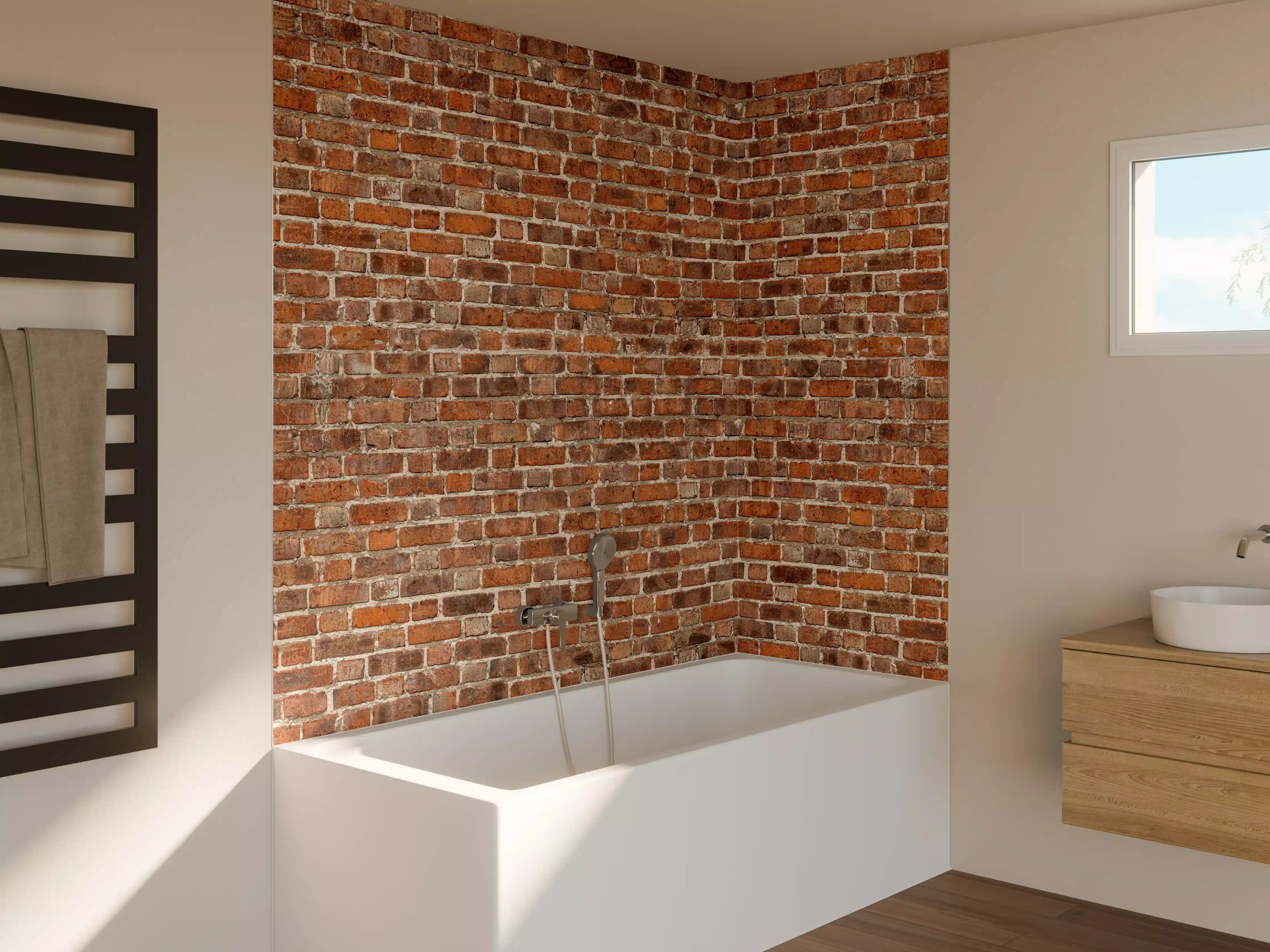 Badewannen-Rückwand - Roter Backsteinmauer in warmen Farbtönen