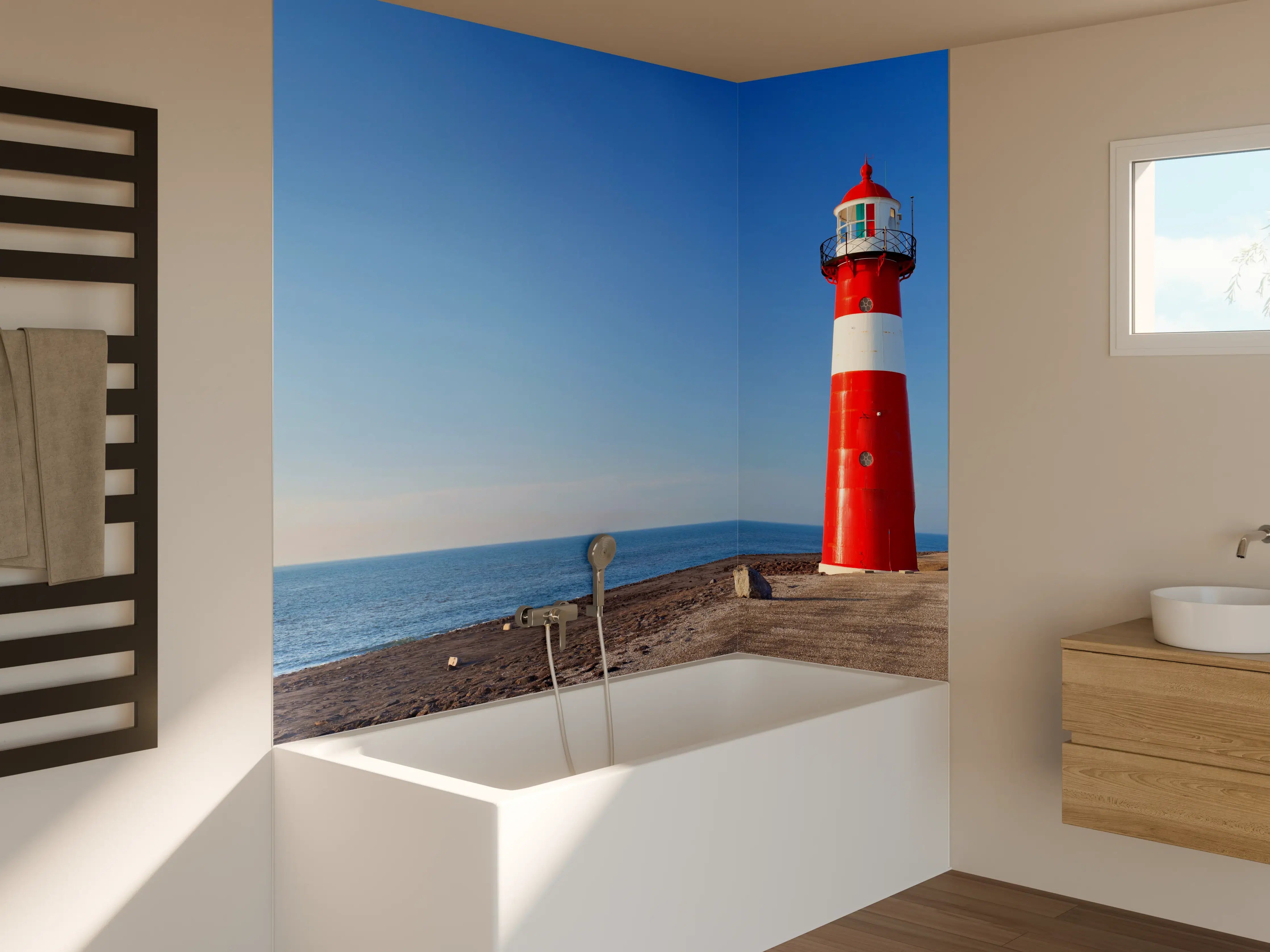 Badewannen-Rückwand - Roter Leuchtturm am Meer