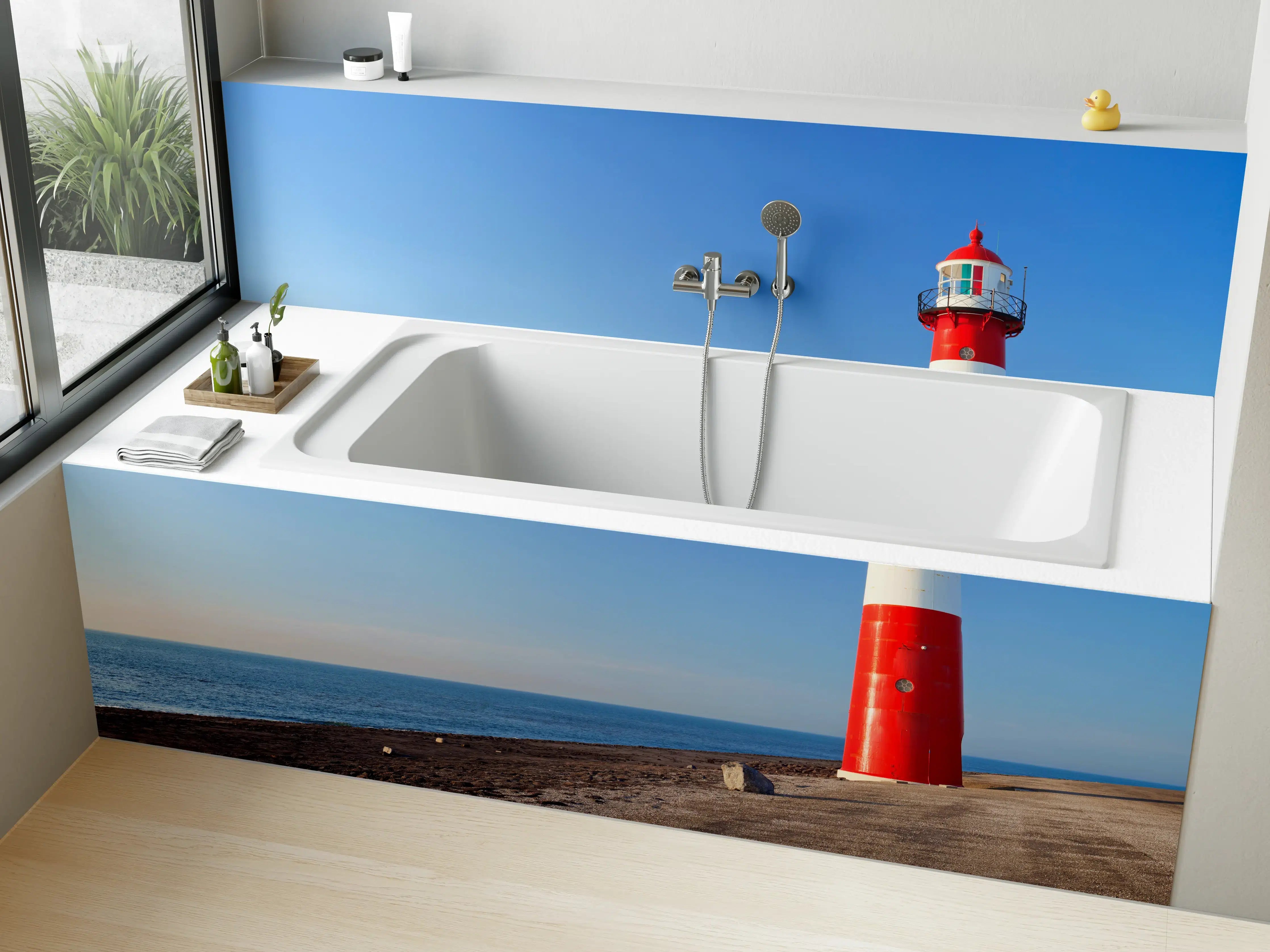 Badewannen-Rückwand - Roter Leuchtturm am Meer
