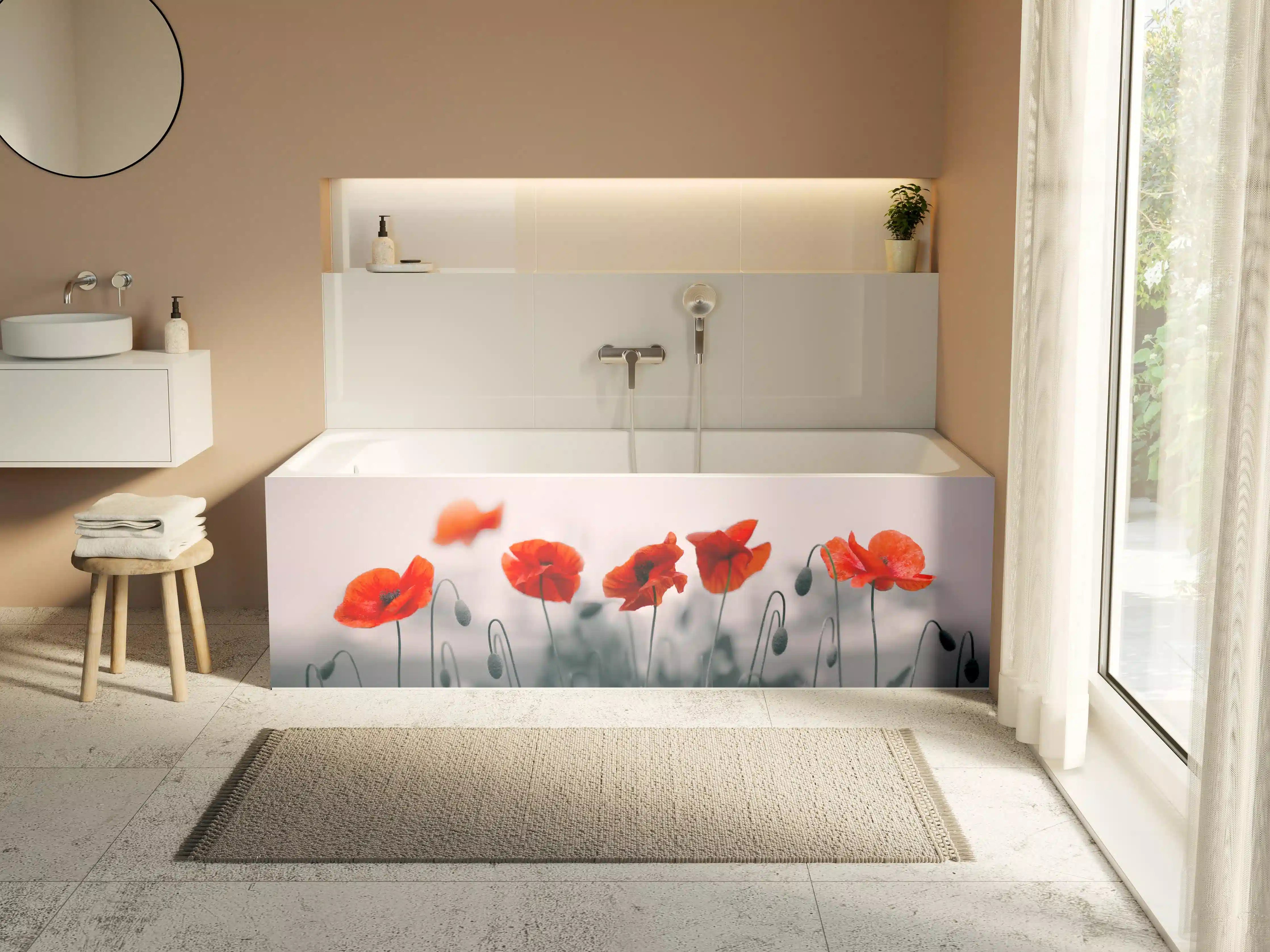 Badewannen-Rückwand - Roter Mohn auf hellem Hintergrund