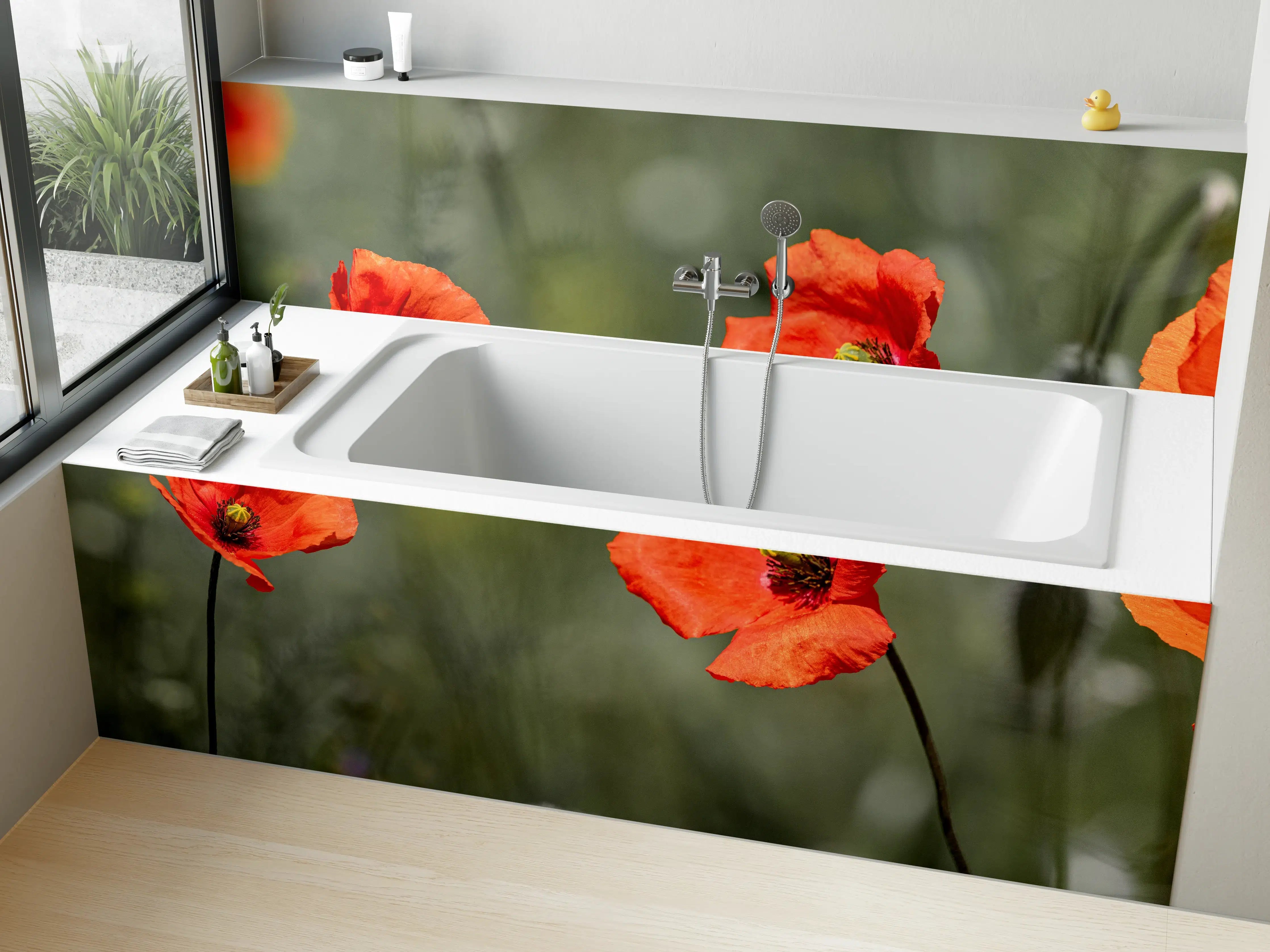 Badewannen-Rückwand - Roter Mohn inmitten des Grüns