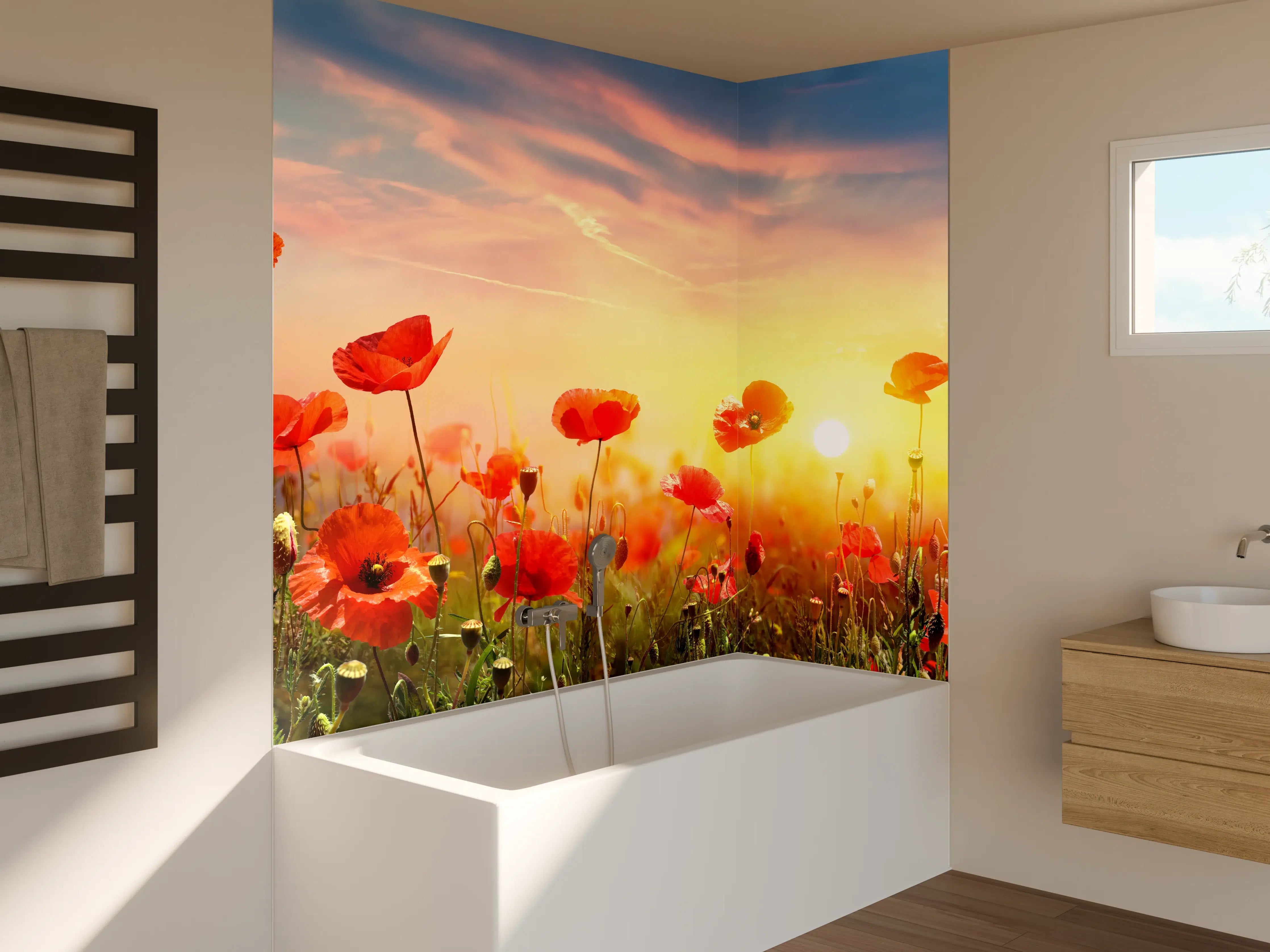 Badewannen-Rückwand - Roter Mohnfeld Sonnenaufgang