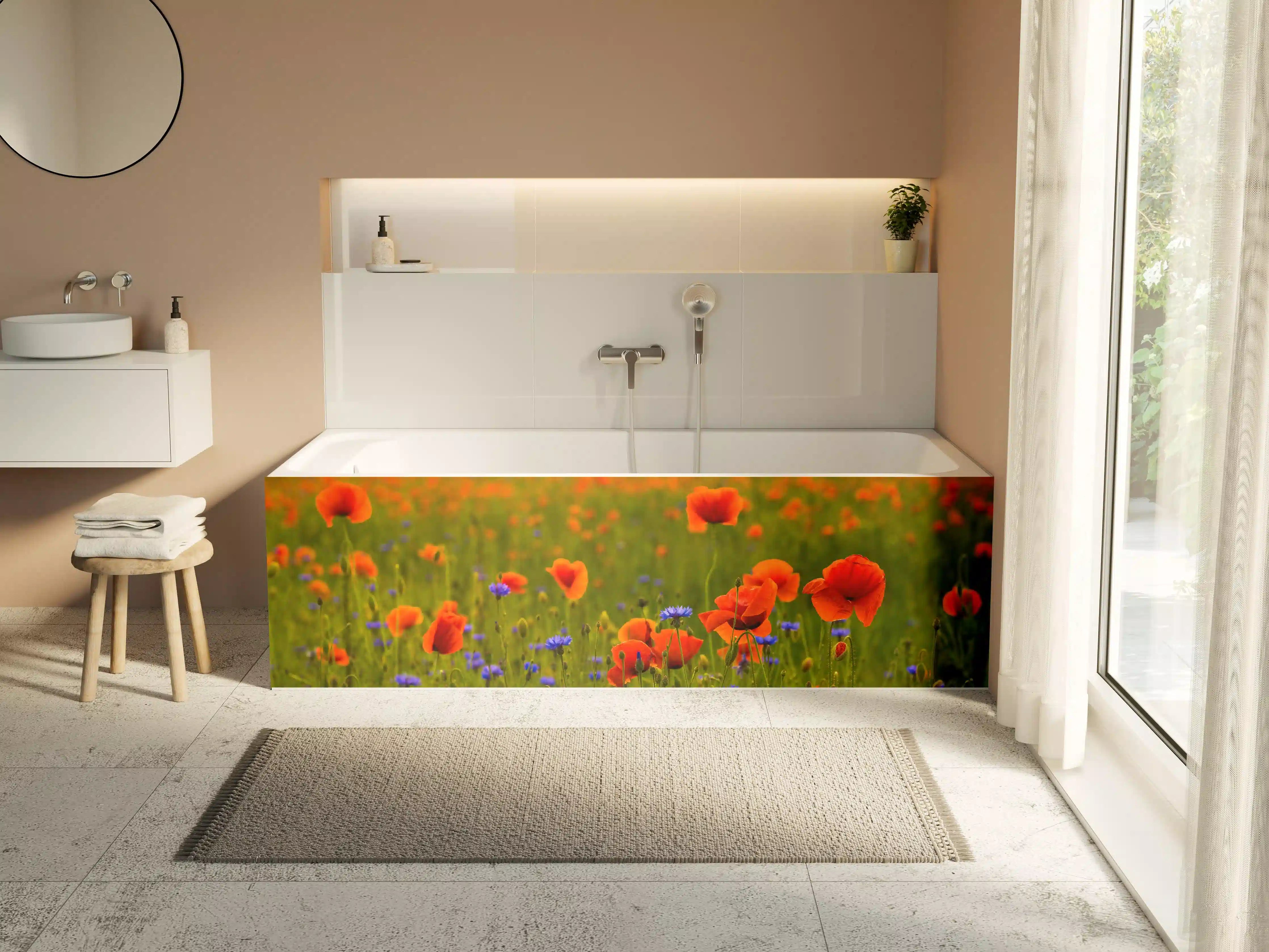Badewannen-Rückwand - Rotes Mohnfeld mit Kornblumen