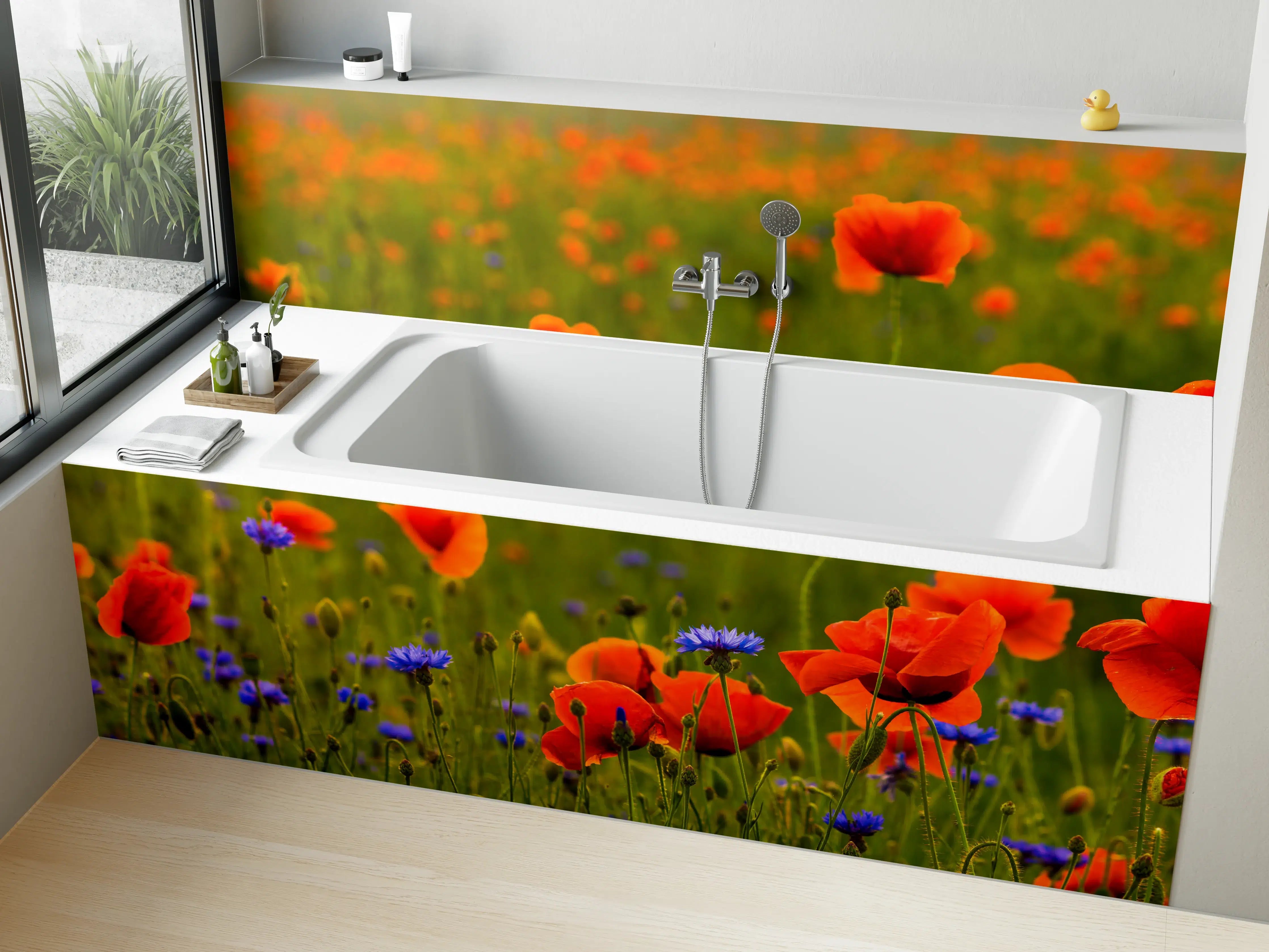 Badewannen-Rückwand - Rotes Mohnfeld mit Kornblumen