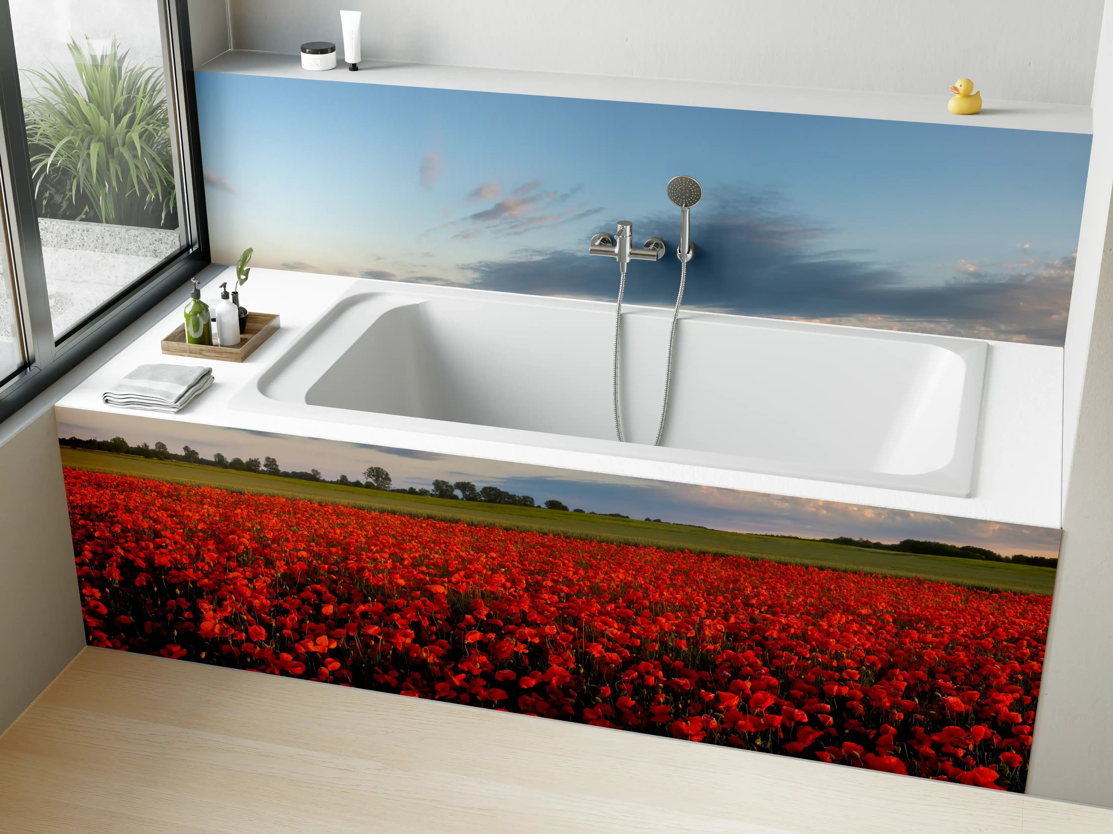 Badewannen-Rückwand - Rotes Mohnfeld unter blauem Himmel