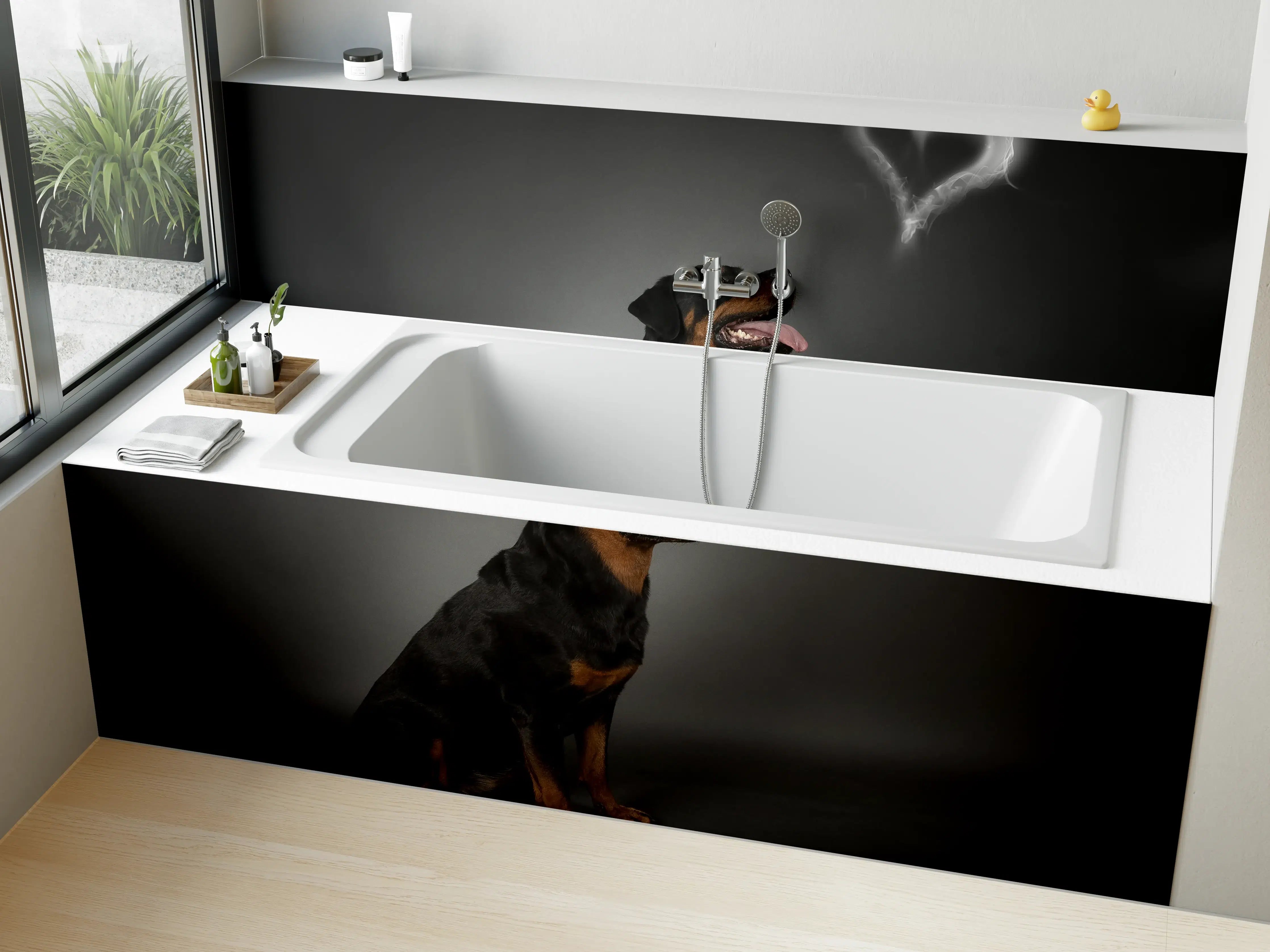 Badewannen-Rückwand - Rottweiler sitzend mit Blick auf Herz