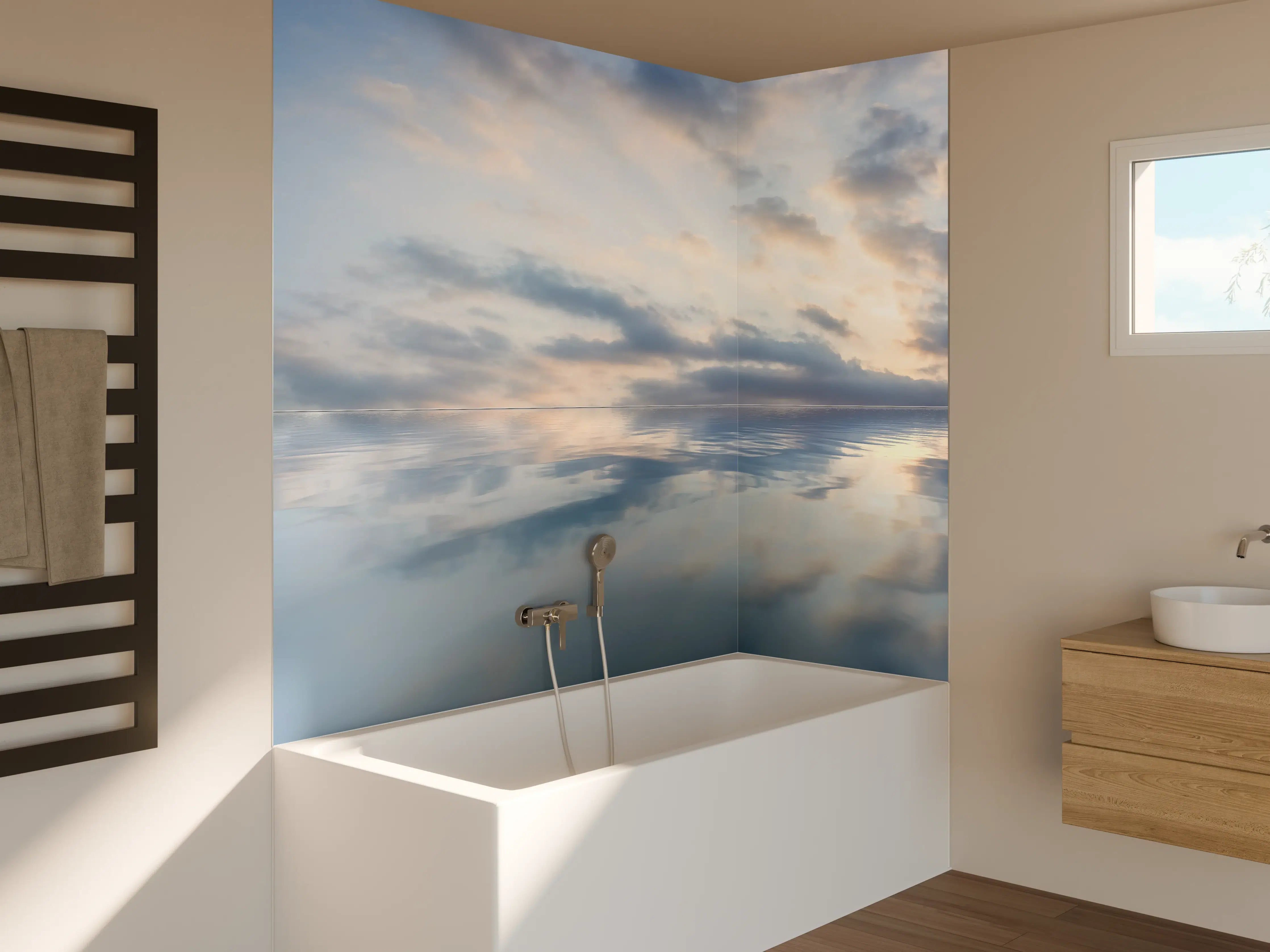 Badewannen-Rückwand - Ruhiges Wasser mit sanften Wolkenstrukturen