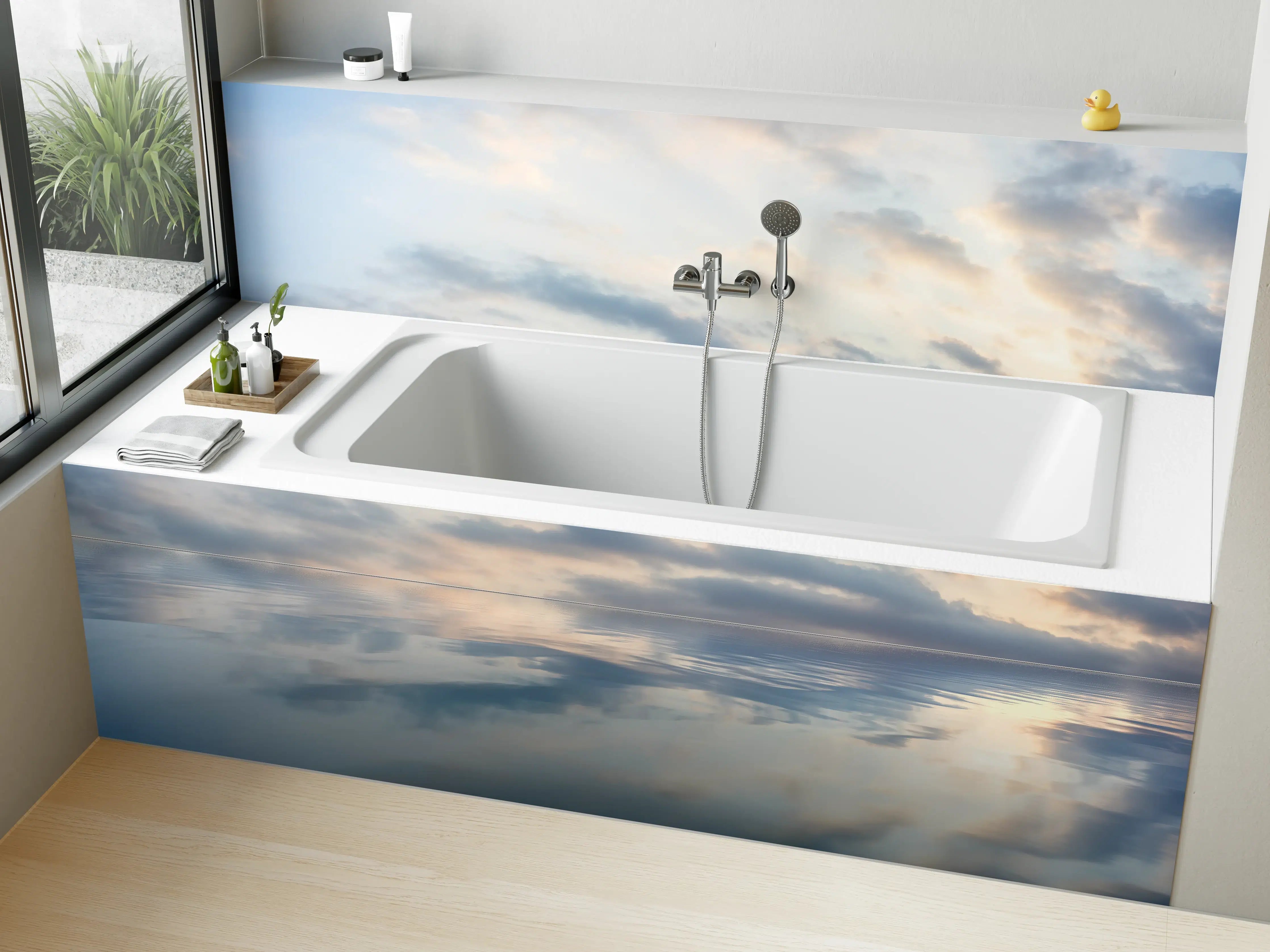 Badewannen-Rückwand - Ruhiges Wasser mit sanften Wolkenstrukturen