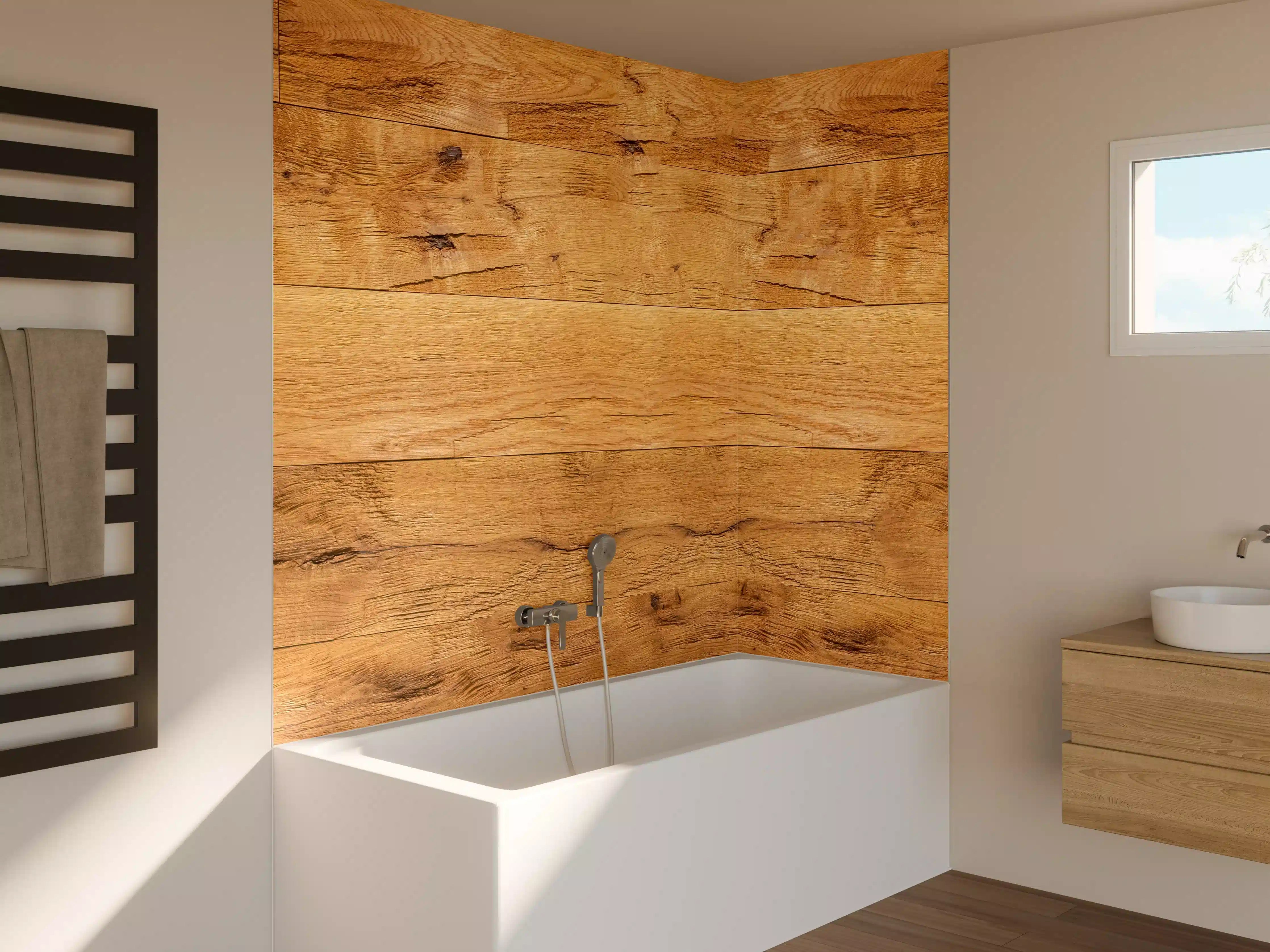 Badewannen-Rückwand - Rustikale Holzplatte