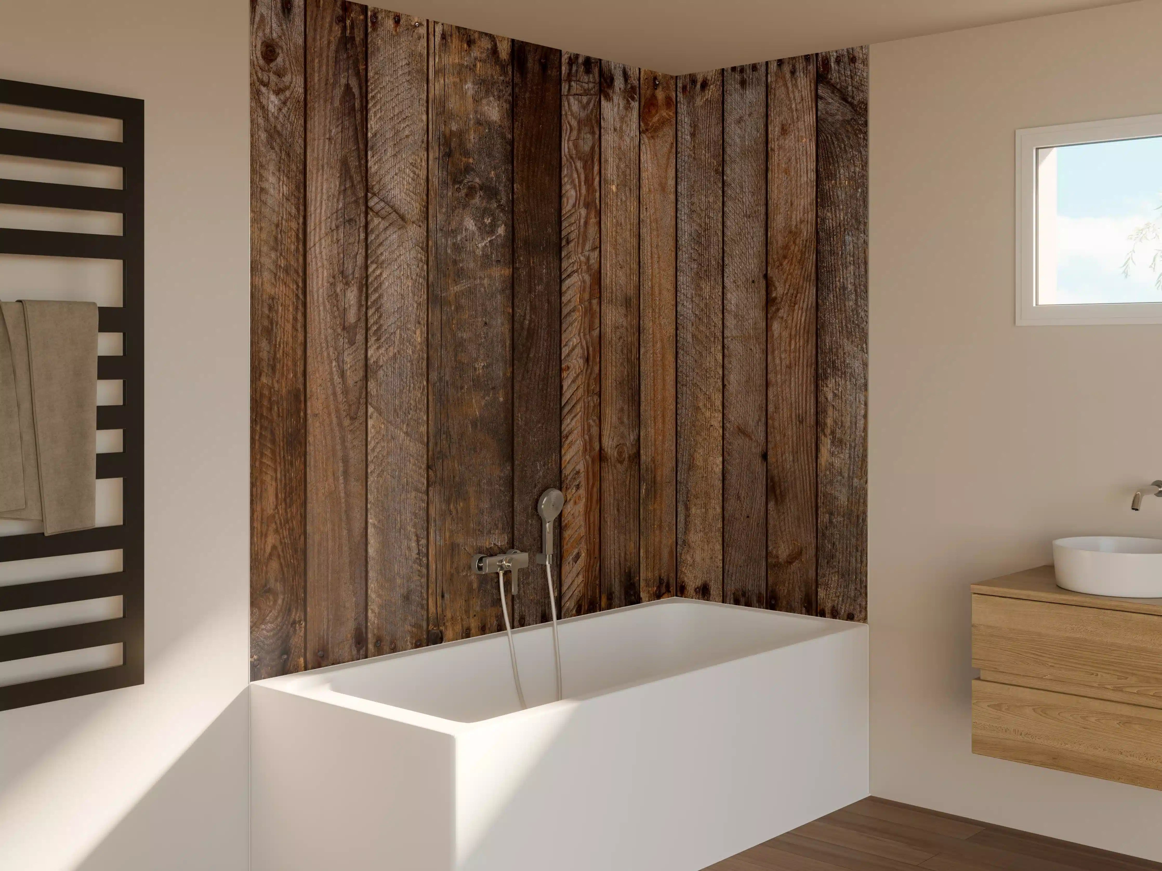 Badewannen-Rückwand - Rustikale Holzstruktur mit Nägeln