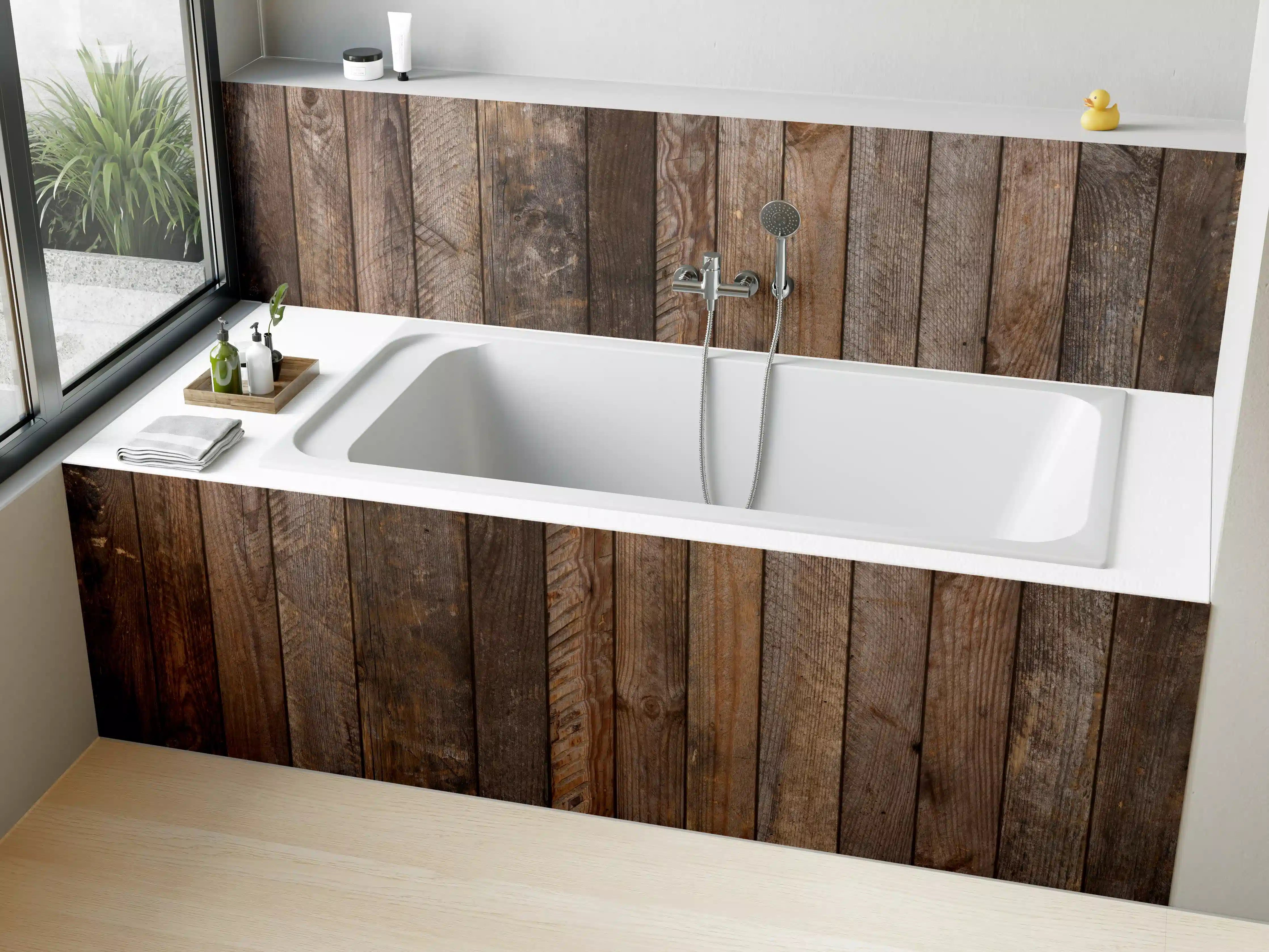 Badewannen-Rückwand - Rustikale Holzstruktur mit Nägeln