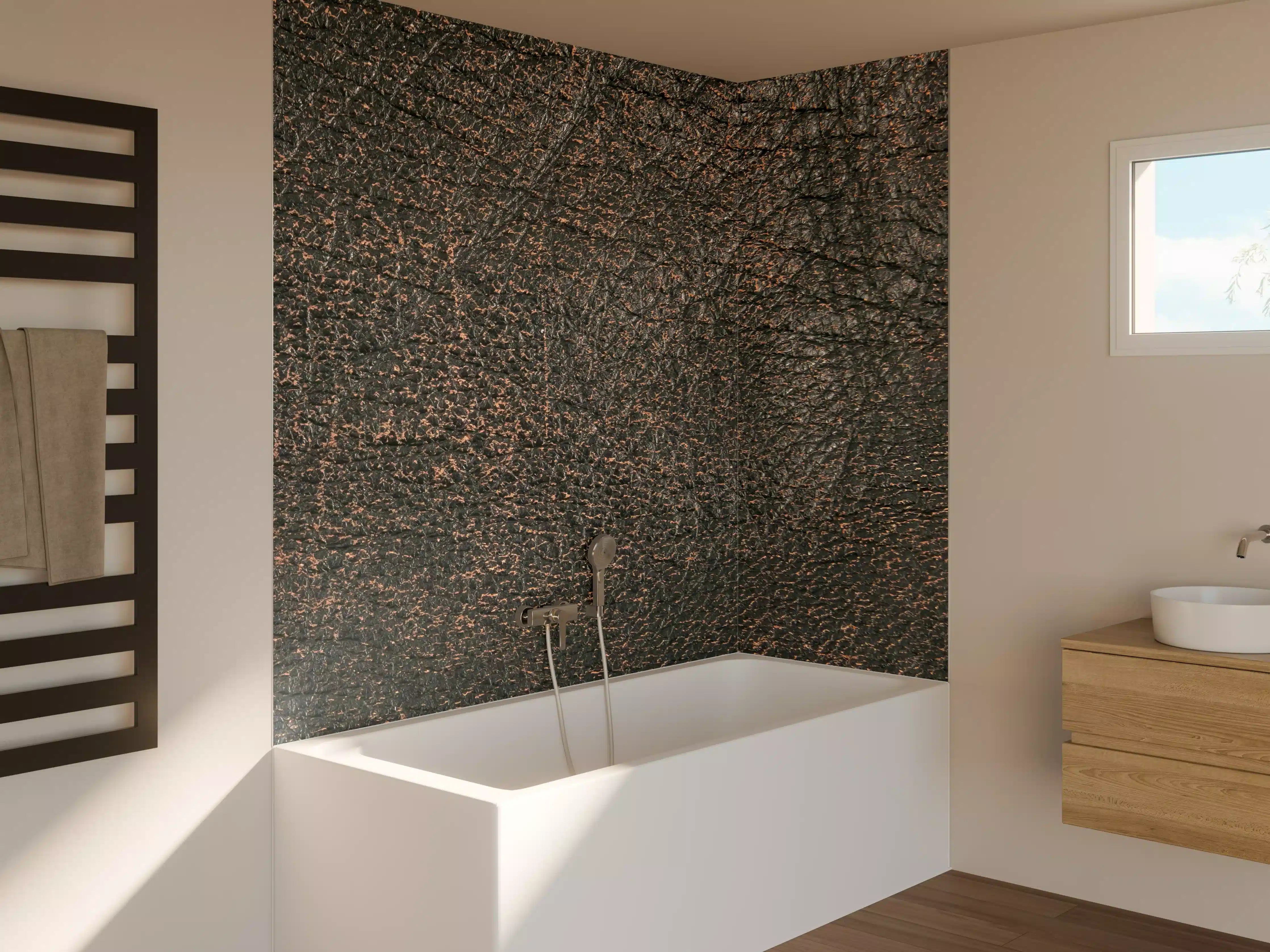 Badewannen-Rückwand - Rustikale Holzwand mit dunklen Naturtönen