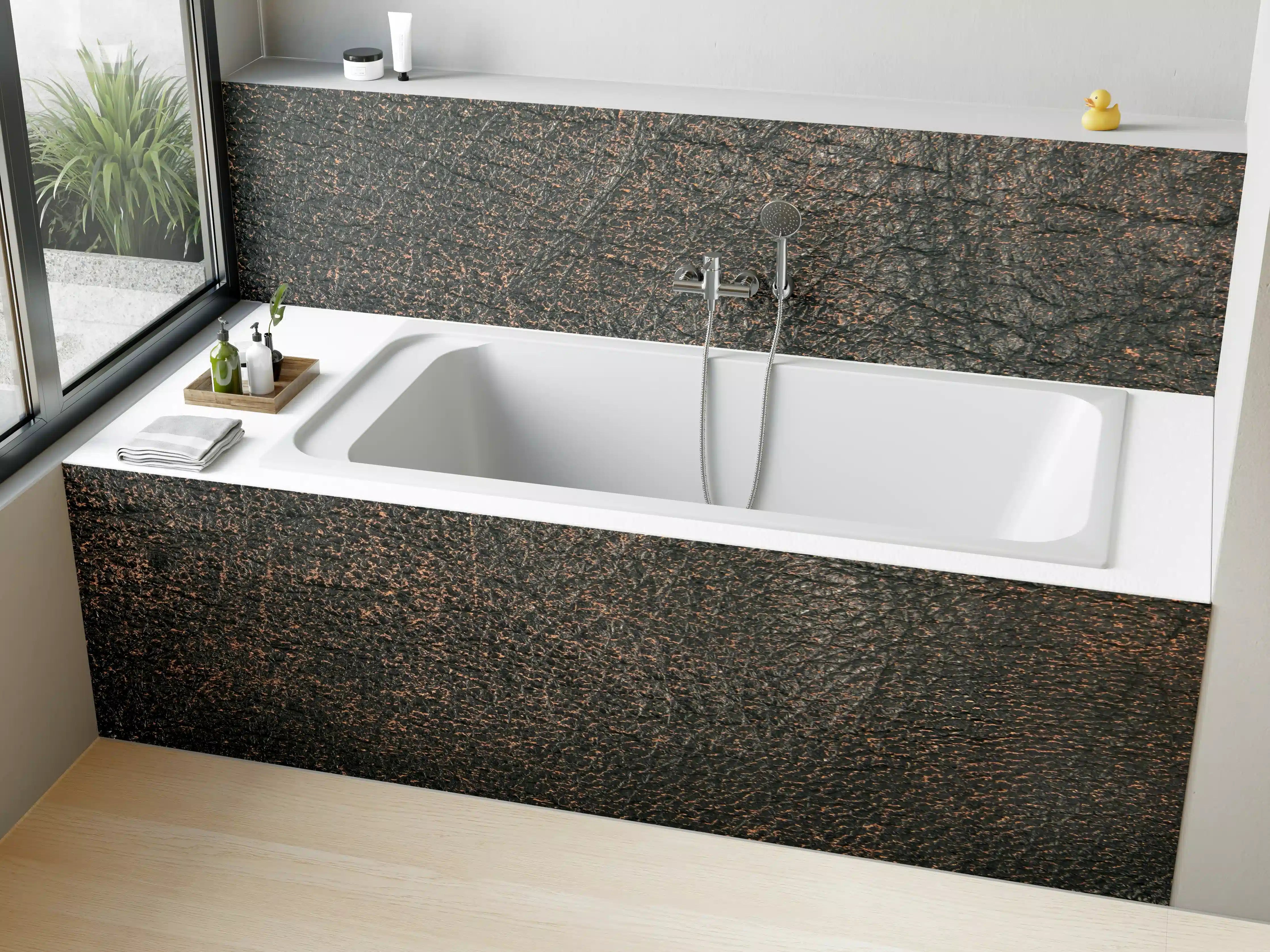 Badewannen-Rückwand - Rustikale Holzwand mit dunklen Naturtönen