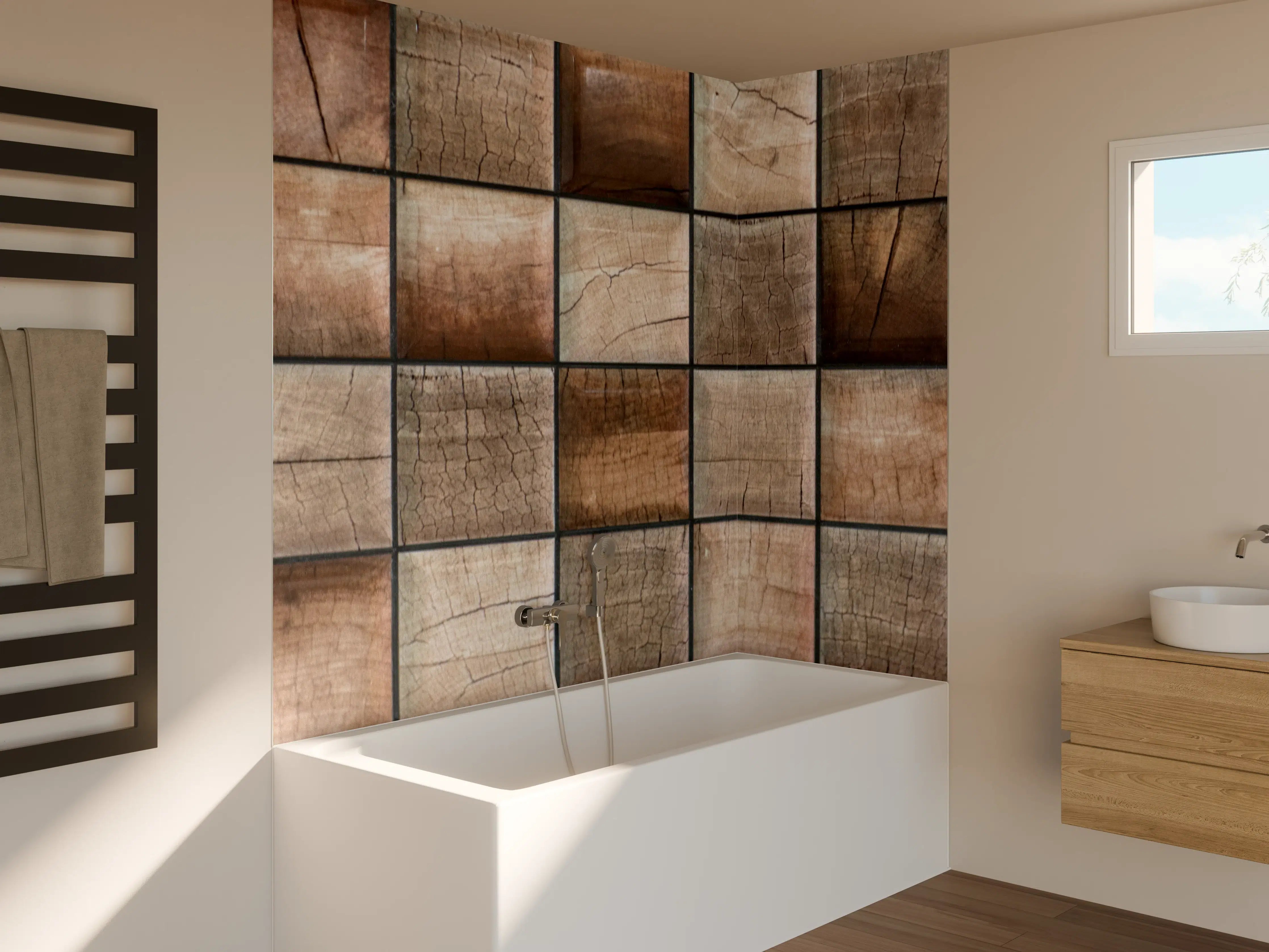 Badewannen-Rückwand - Rustikale Holzwand mit natürlichen Rissen