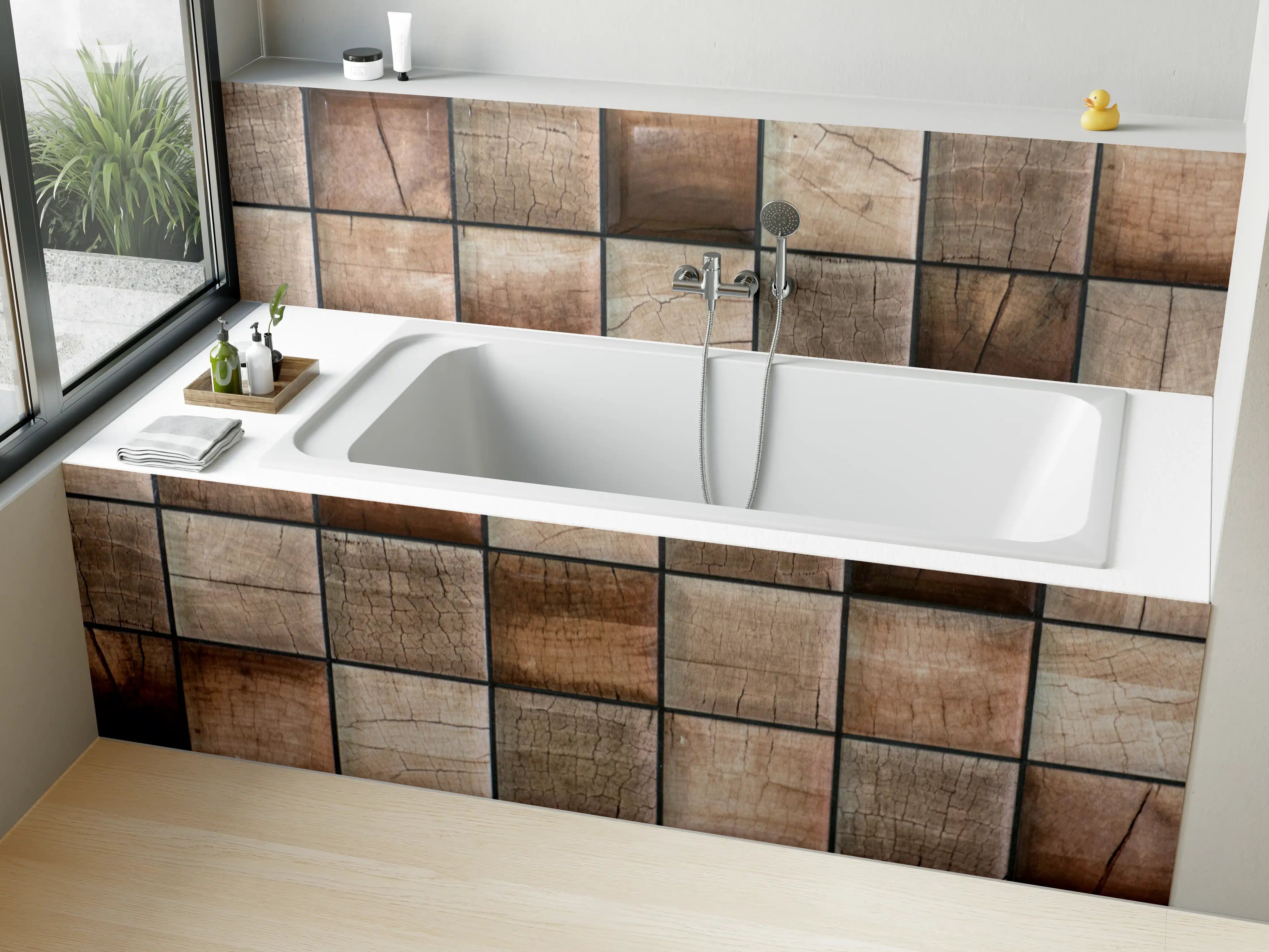 Badewannen-Rückwand - Rustikale Holzwand mit natürlichen Rissen