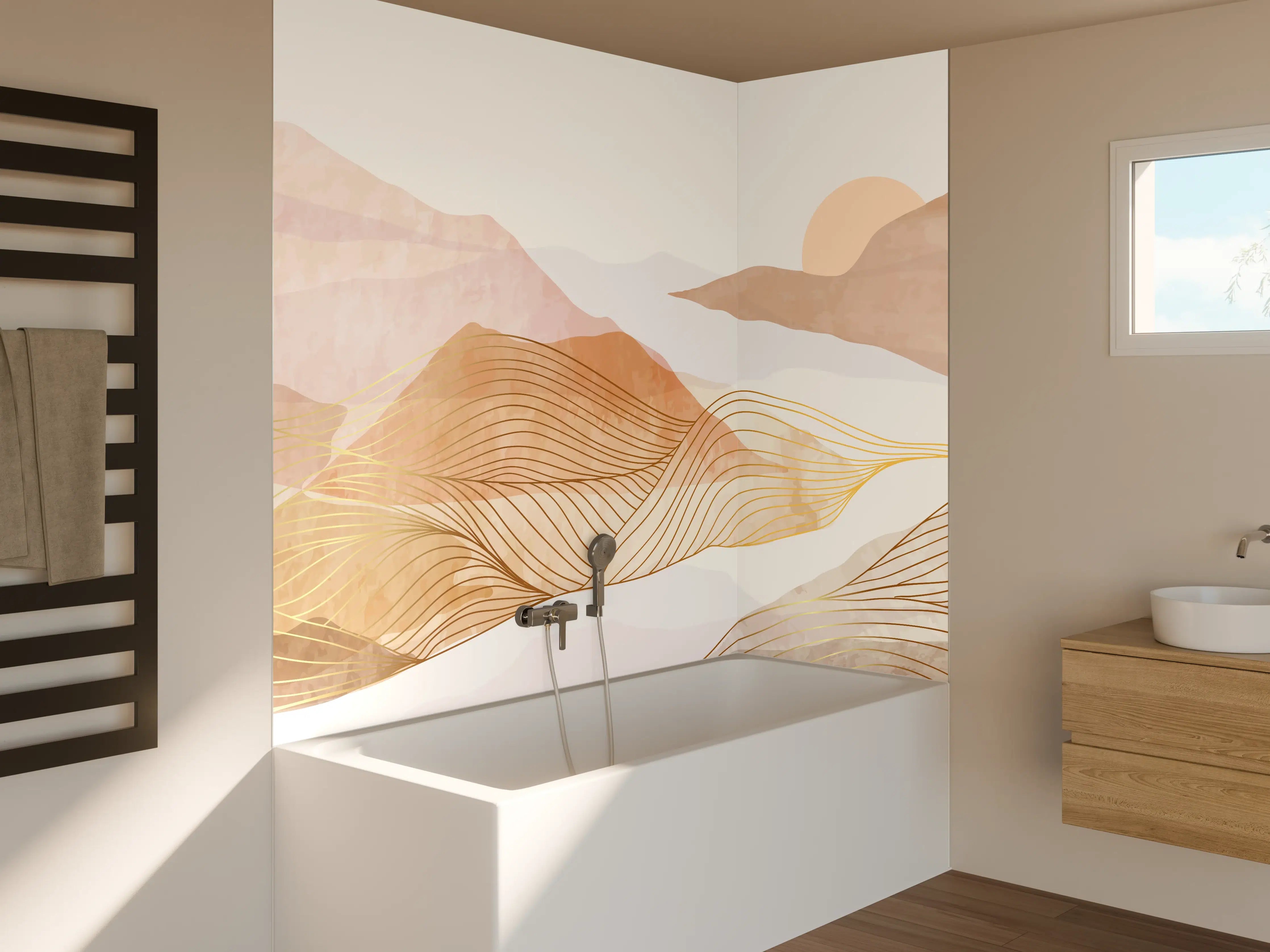 Badewannen-Rückwand - Sanfte Bergkulisse in zarten Grautönen