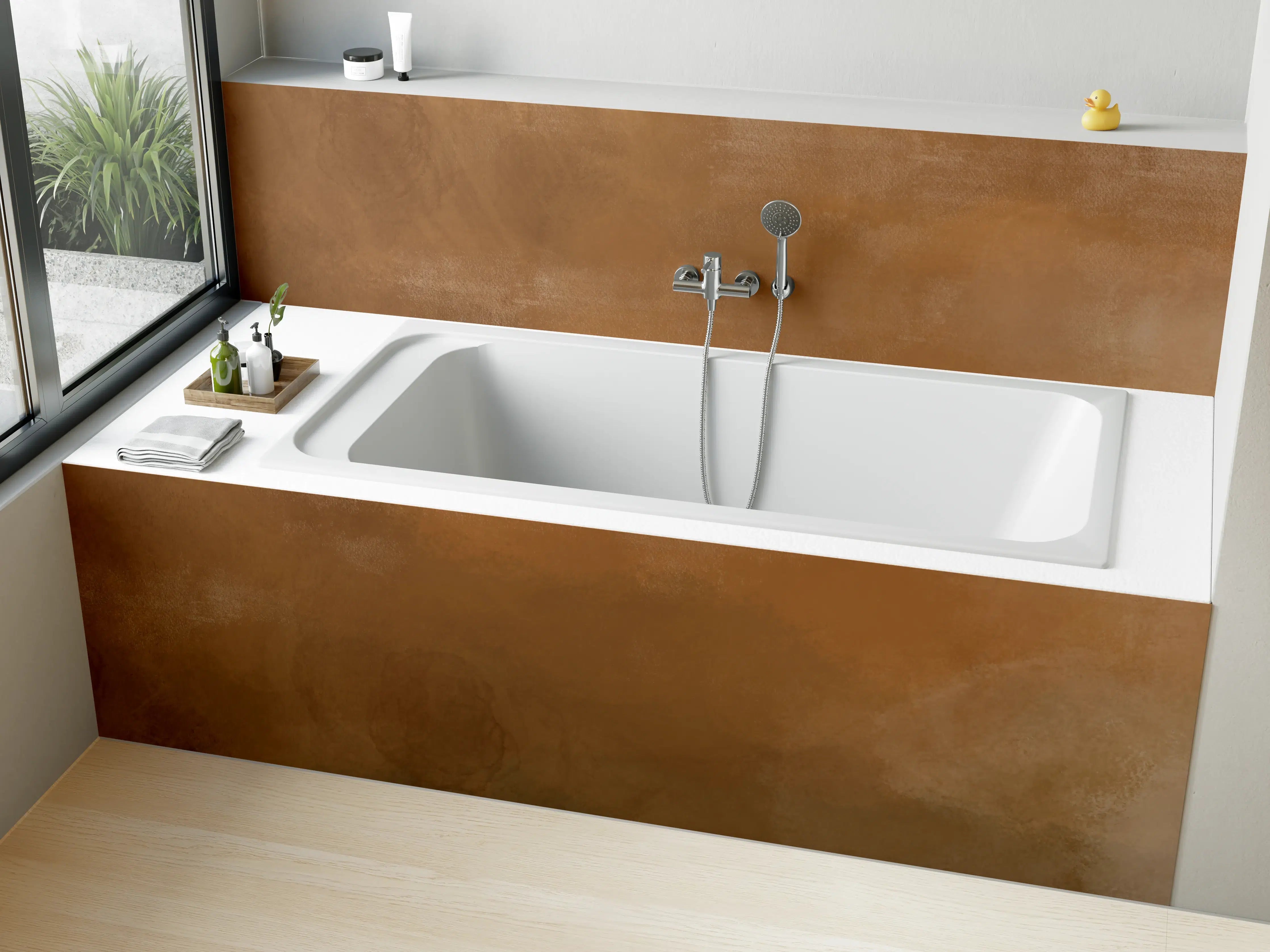 Badewannen-Rückwand - Sanfte Creme- und Taupe-Nuancen