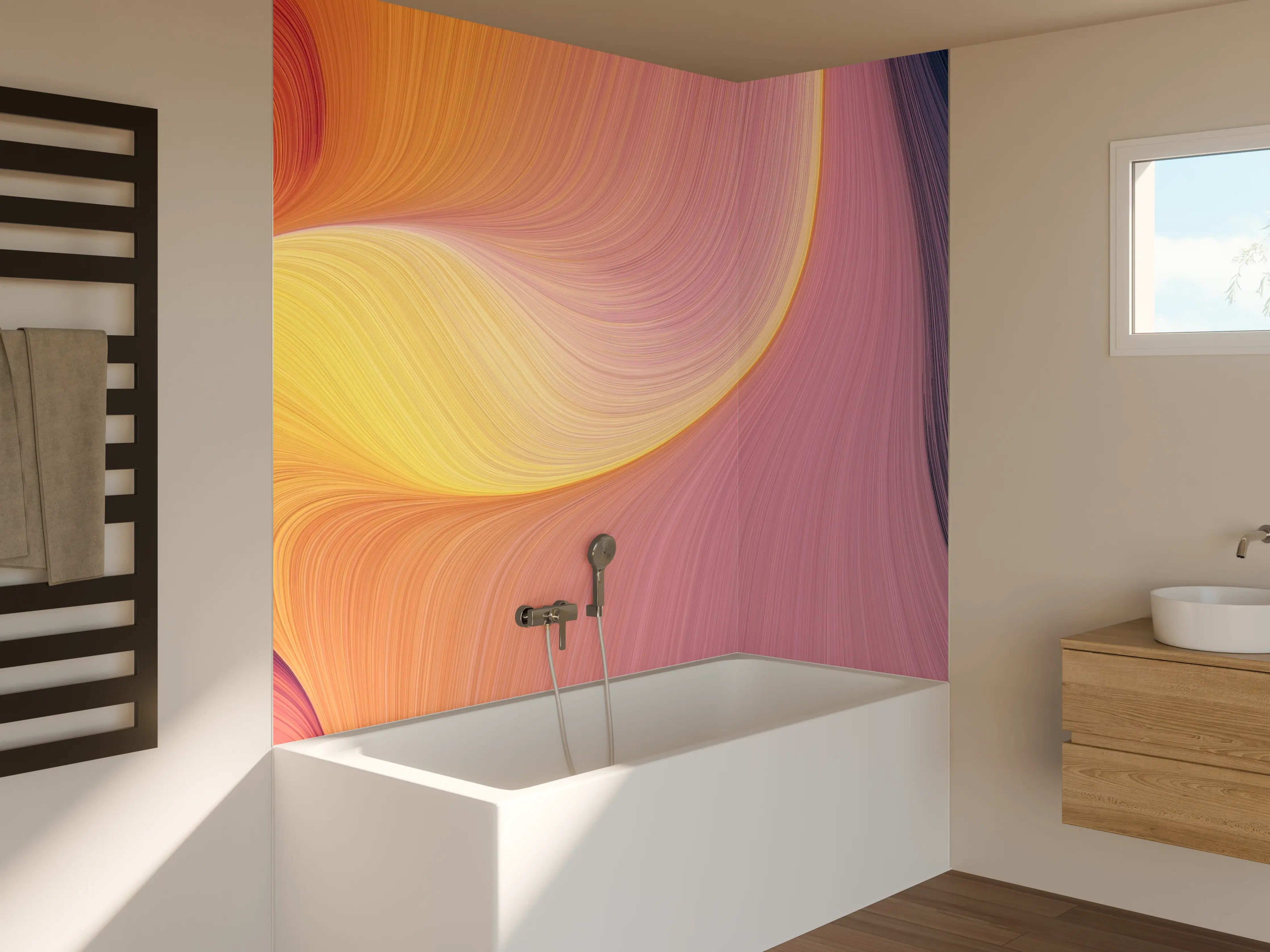 Badewannen-Rückwand - Sanfte Farbverläufe in Pink, Blau und Gelb