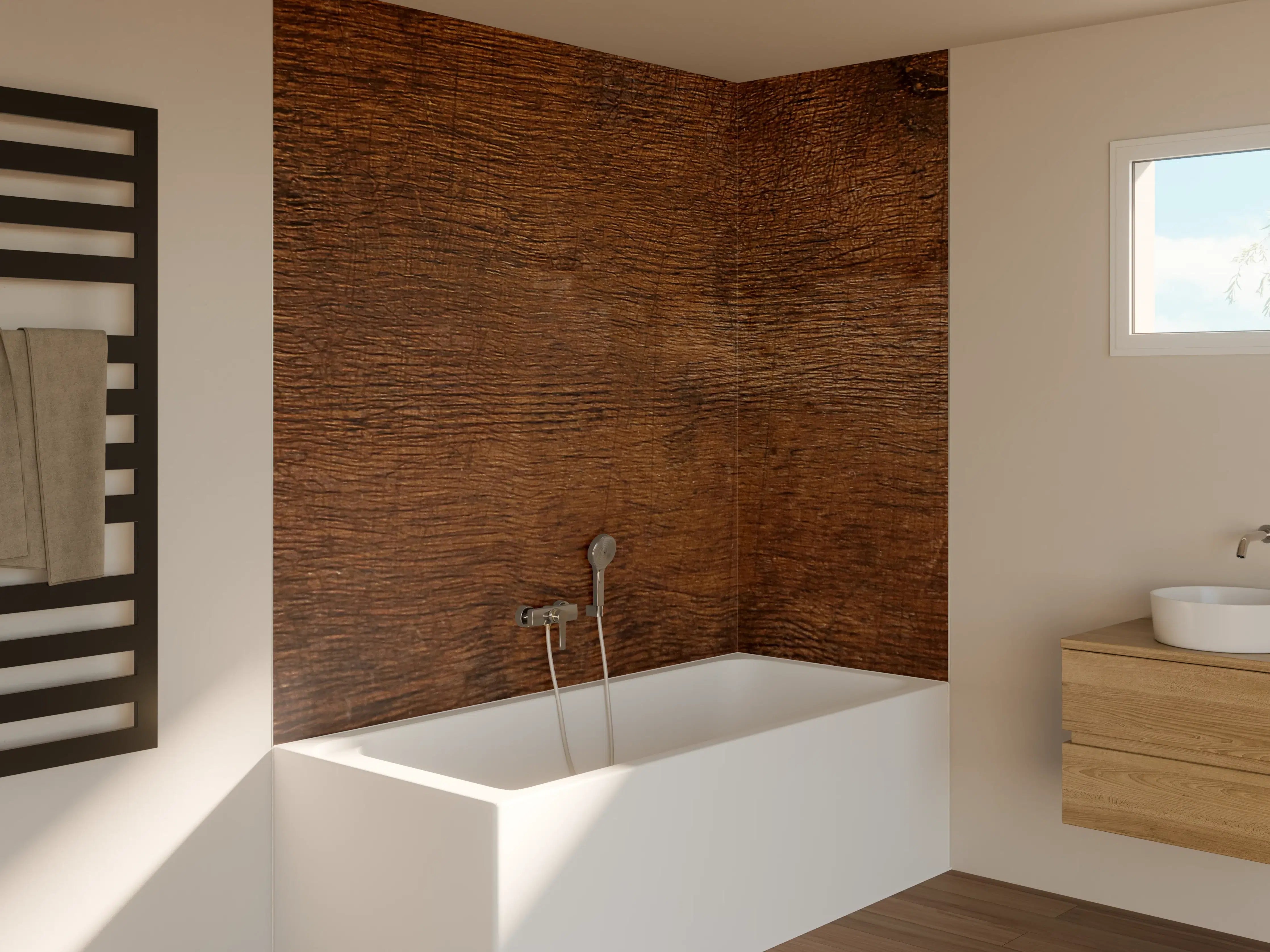 Badewannen-Rückwand - Sanfte Grautöne im warmen Holzdesign