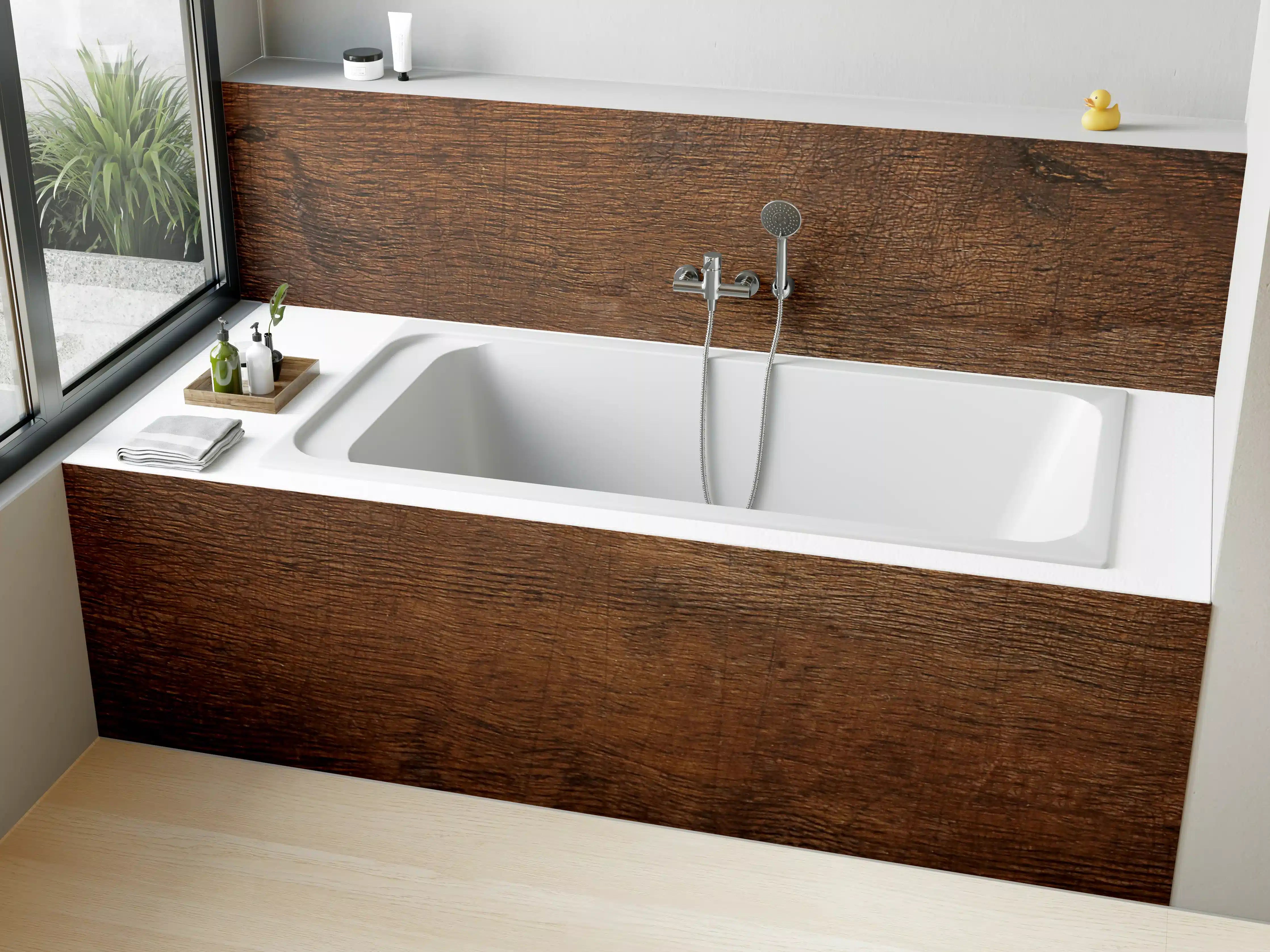 Badewannen-Rückwand - Sanfte Grautöne im warmen Holzdesign