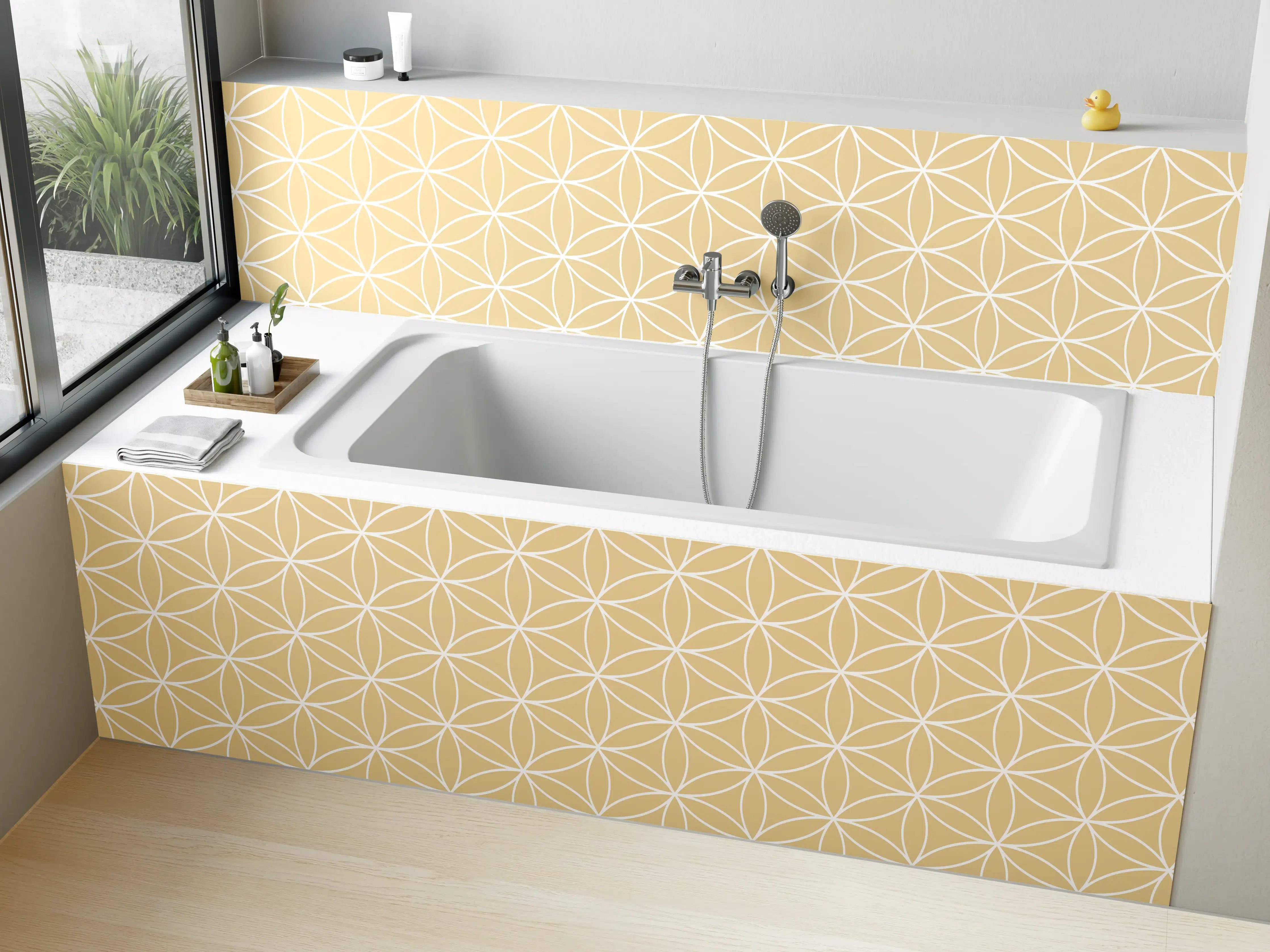 Badewannen-Rückwand - Sanfte Grautöne in geometrischen Designs