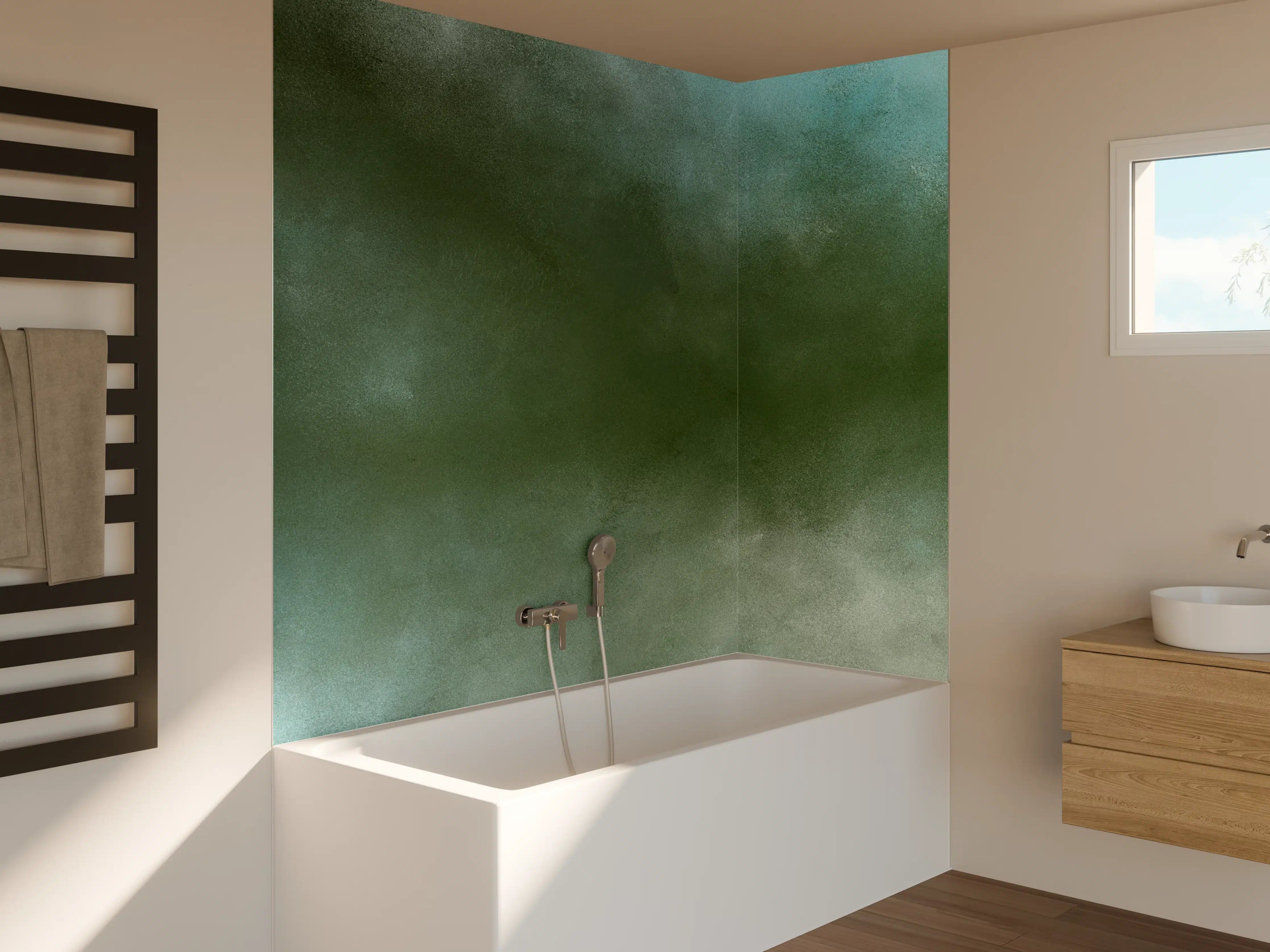 Badewannen-Rückwand - Sanfte Grün- und Blautöne mit abstrakter Textur