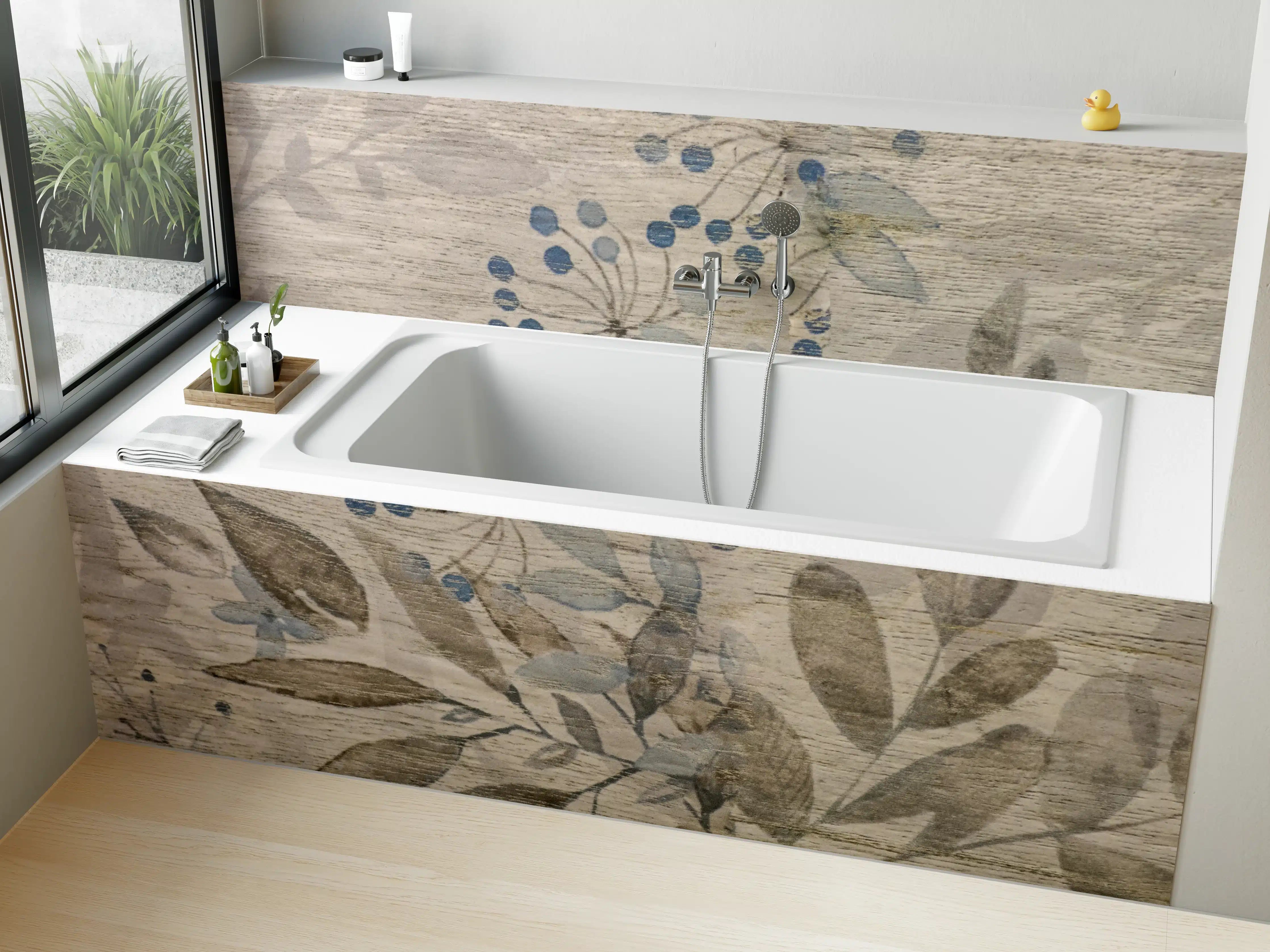 Badewannen-Rückwand - Sanfte Naturtextur mit blauen Akzenten