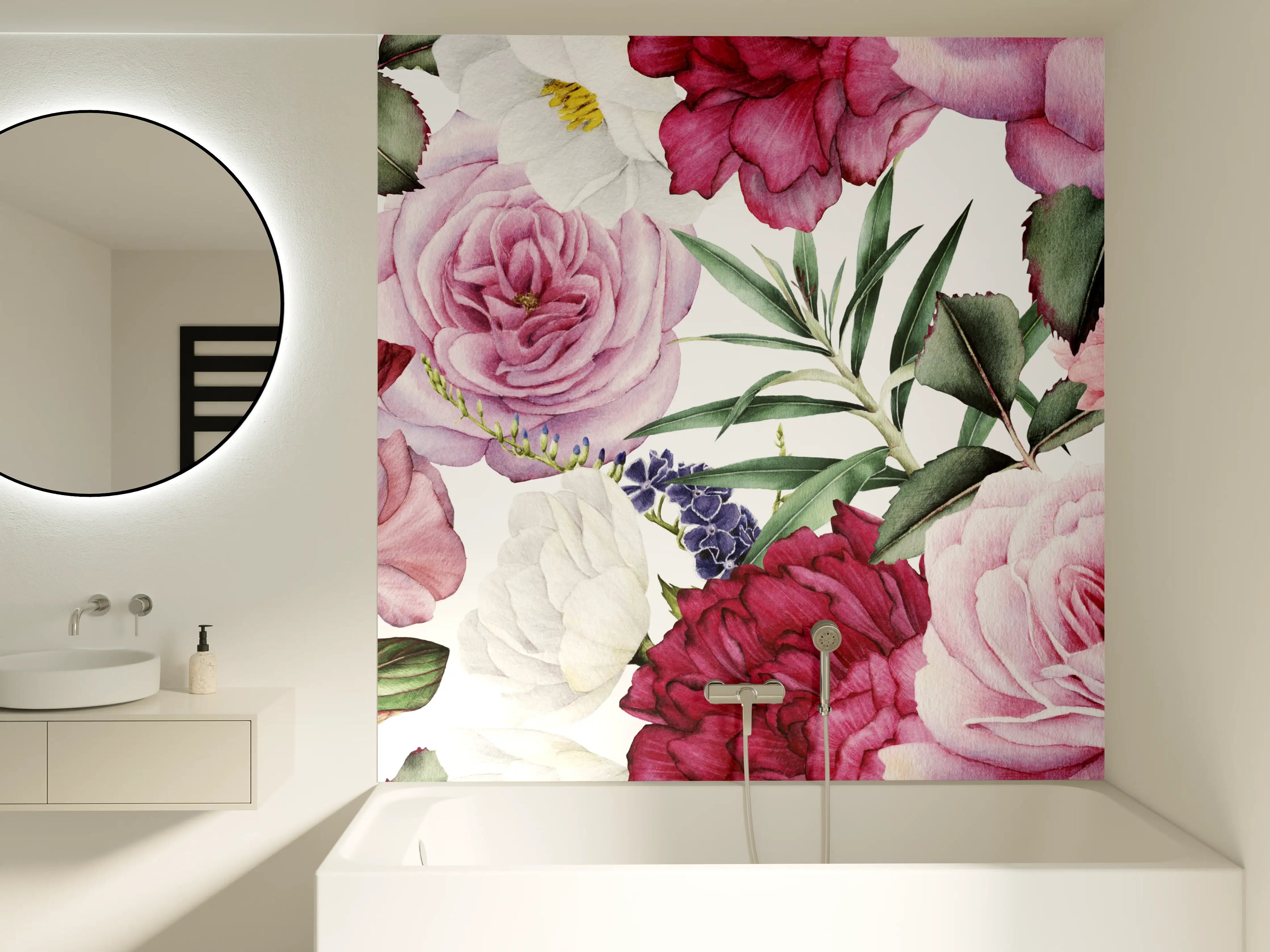 Badewannen-Rückwand - Sanfte Rosen und Grau-Blumen