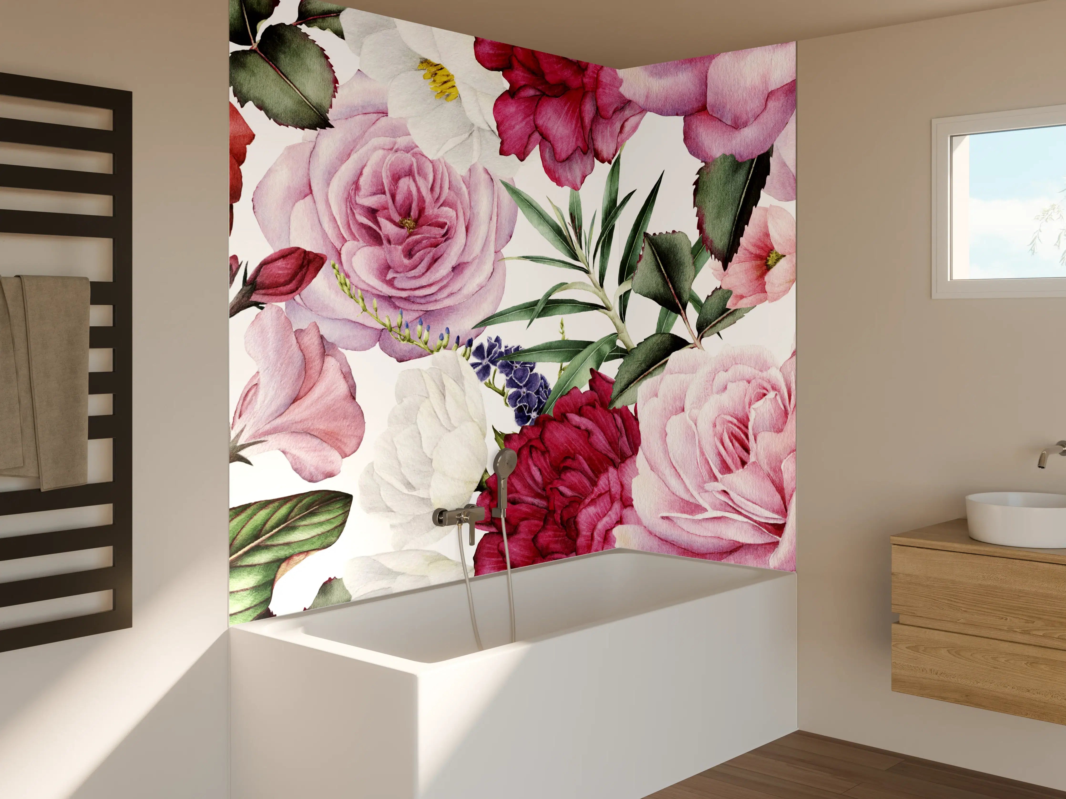 Badewannen-Rückwand - Sanfte Rosen und Grau-Blumen