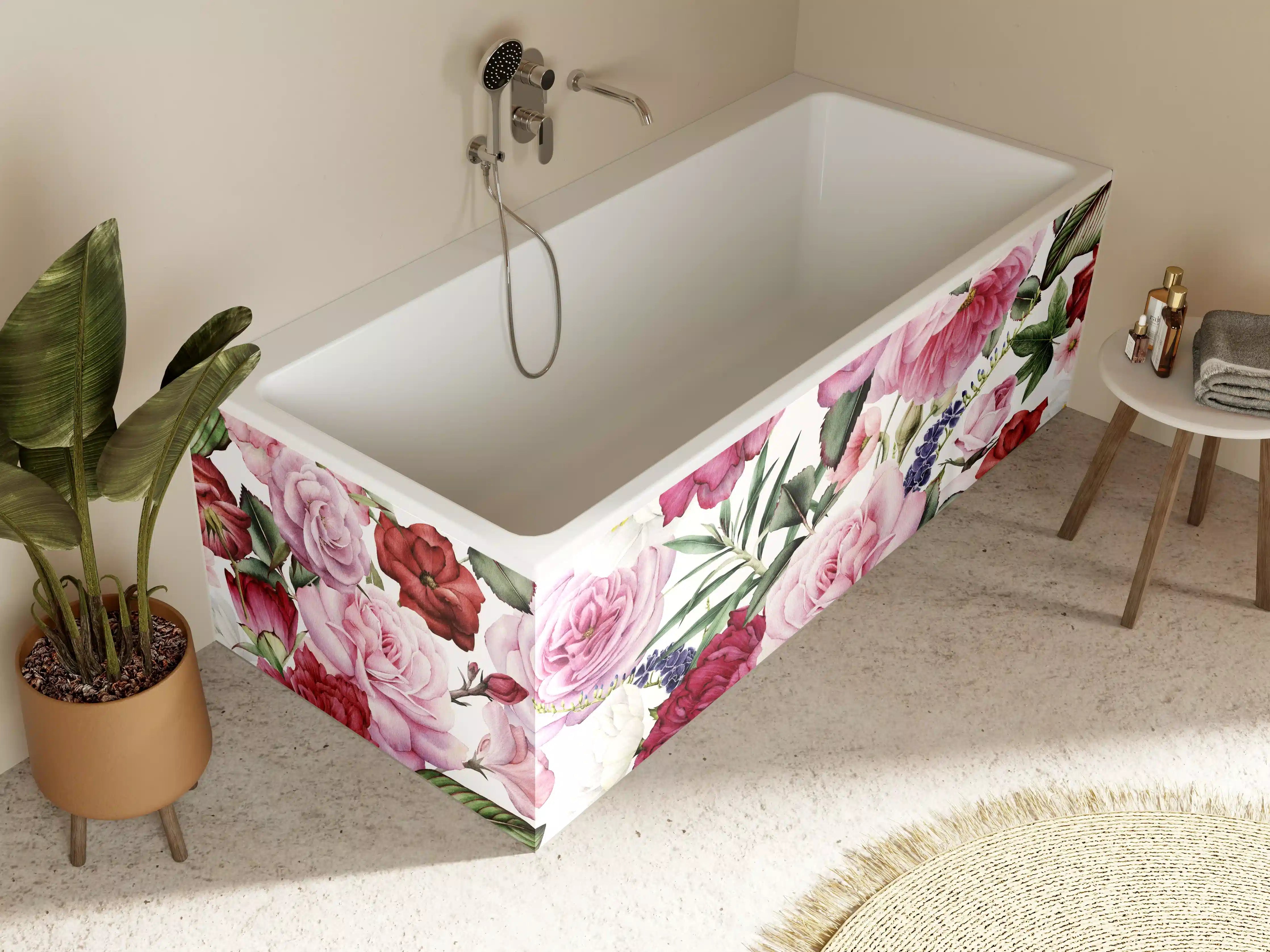 Badewannen-Rückwand - Sanfte Rosen und Grau-Blumen