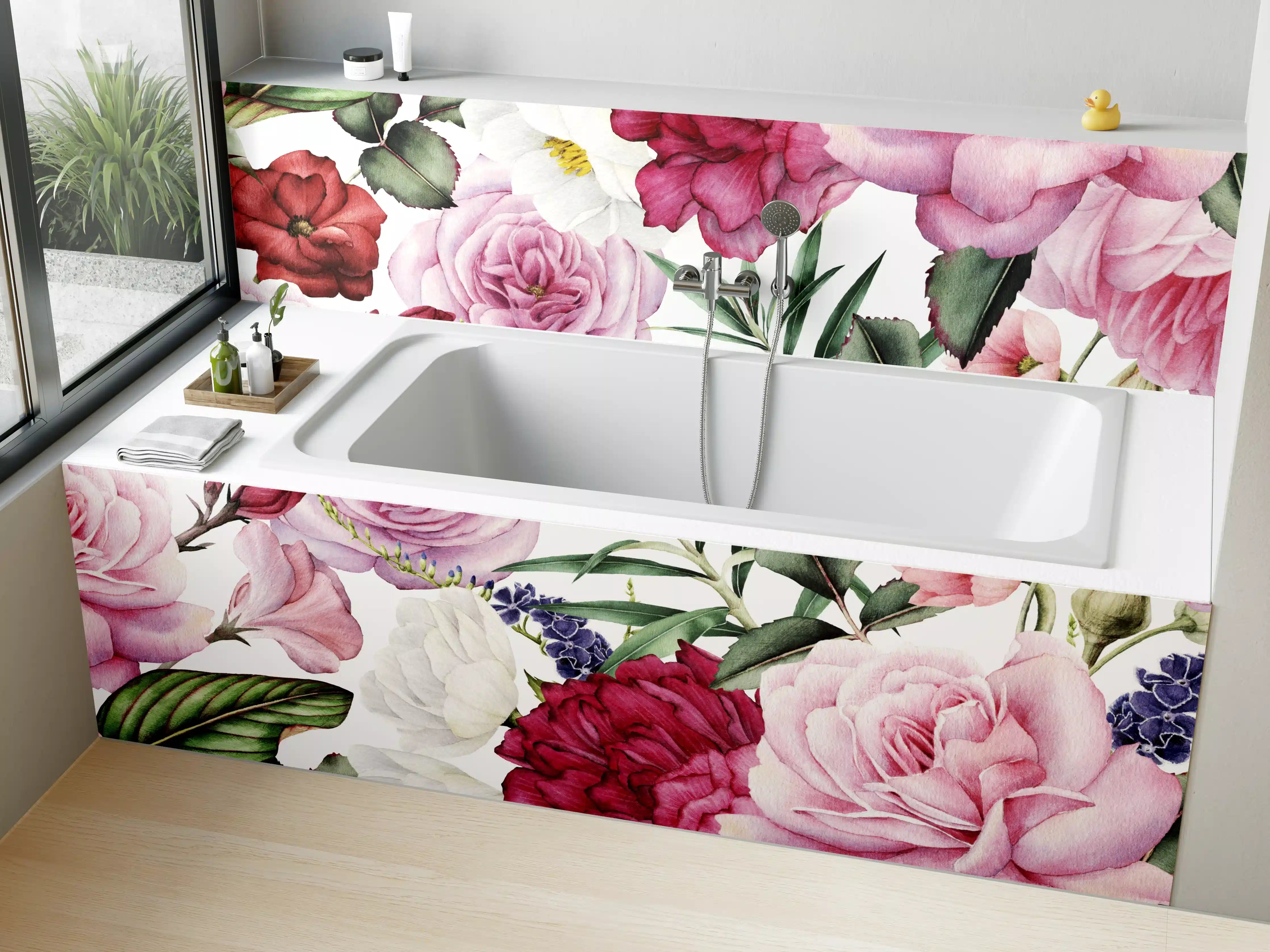 Badewannen-Rückwand - Sanfte Rosen und Grau-Blumen
