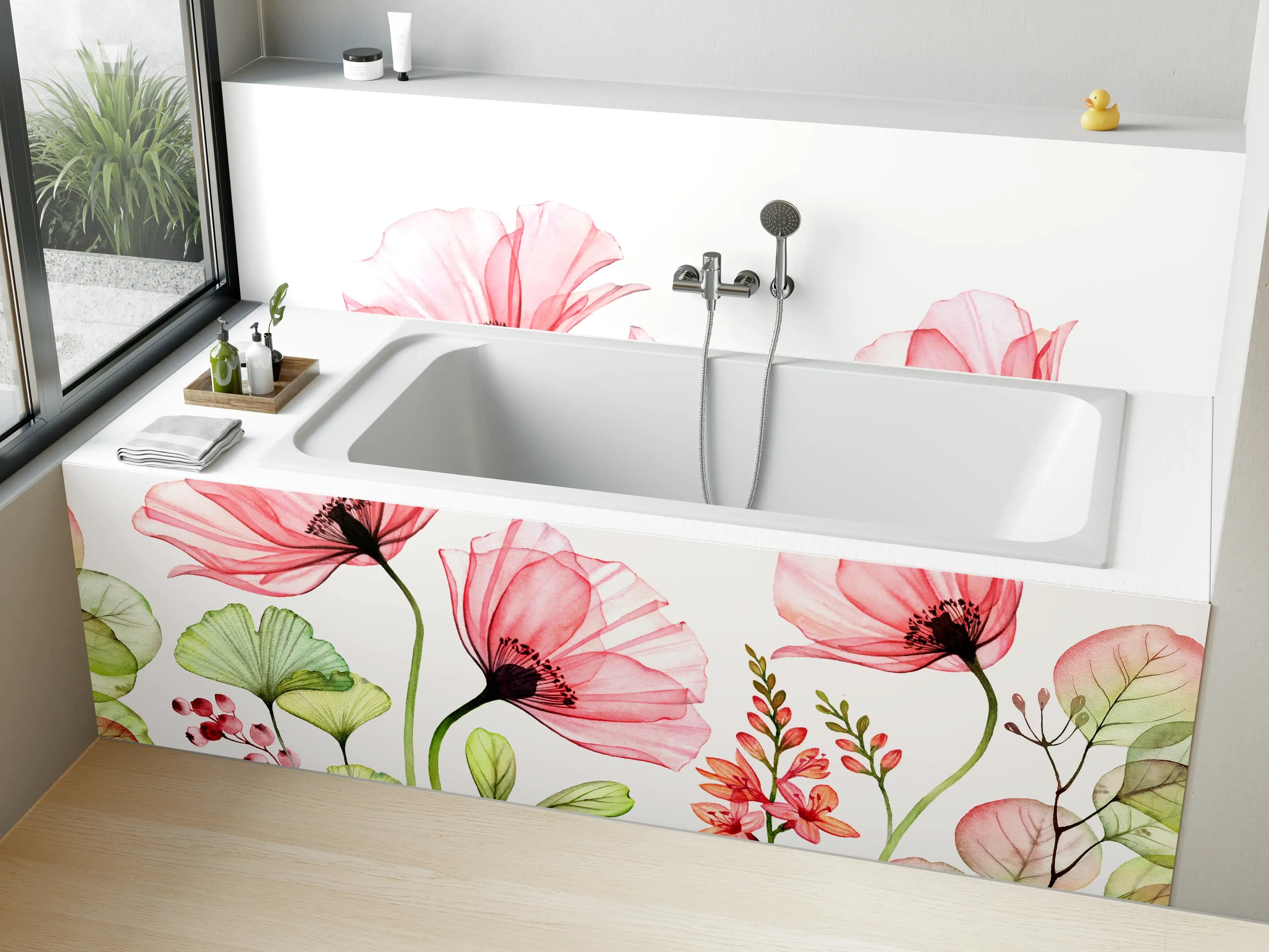 Badewannen-Rückwand - Sanfte Wasserfarben-Blumen in Pastell