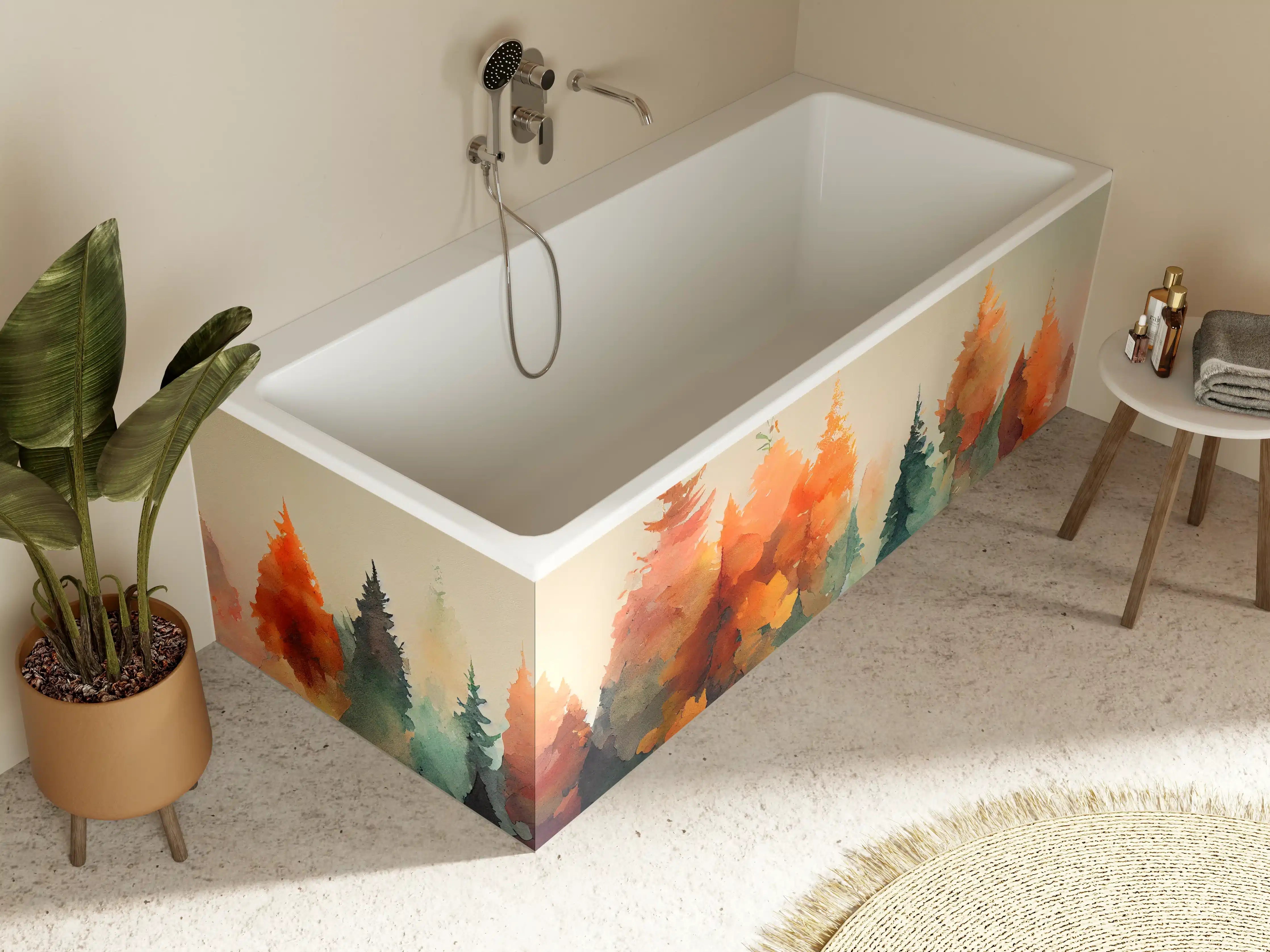 Badewannen-Rückwand - Sanfte Wasserfarben-Waldszene mit warmen Tönen