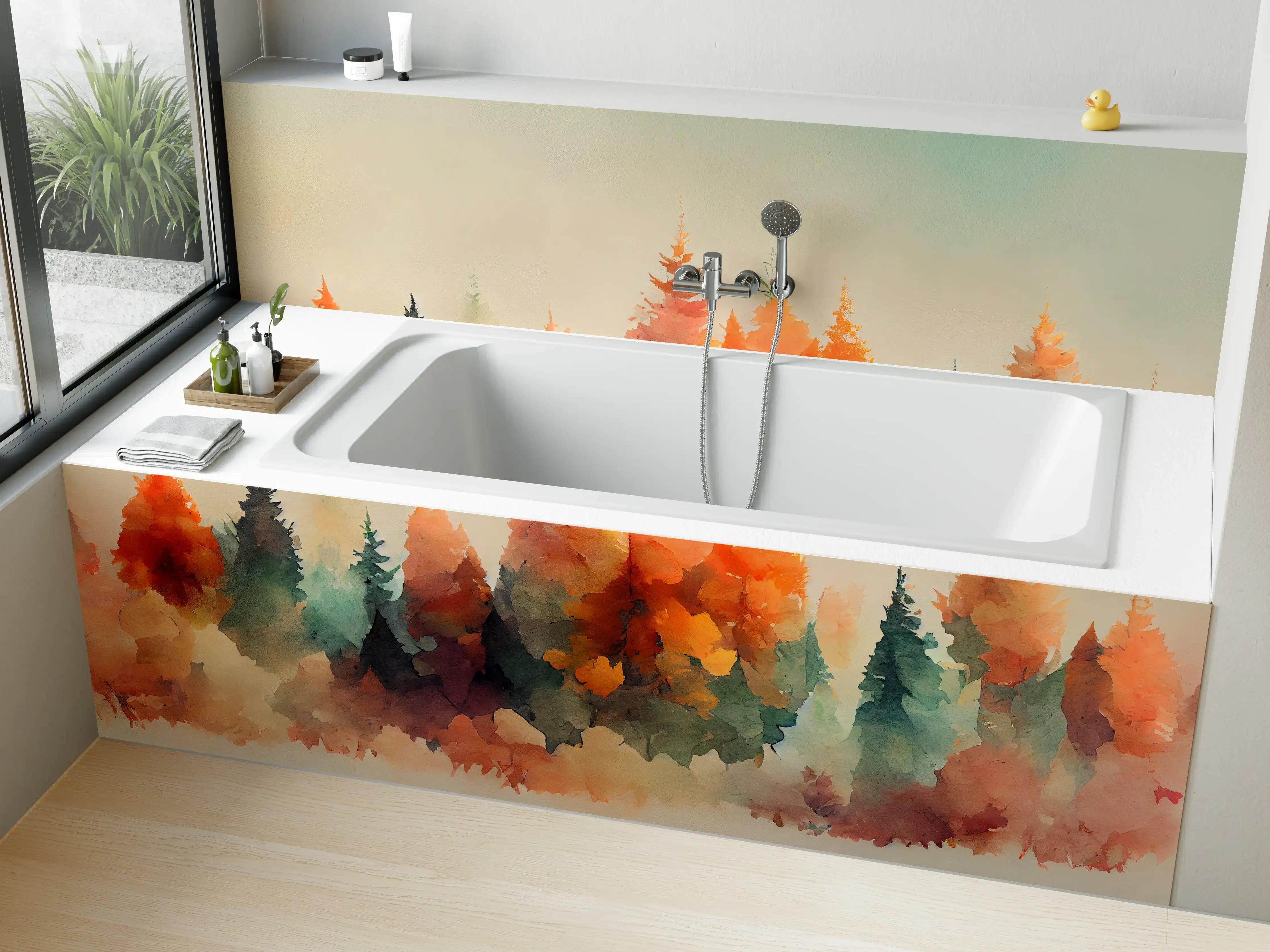 Badewannen-Rückwand - Sanfte Wasserfarben-Waldszene mit warmen Tönen
