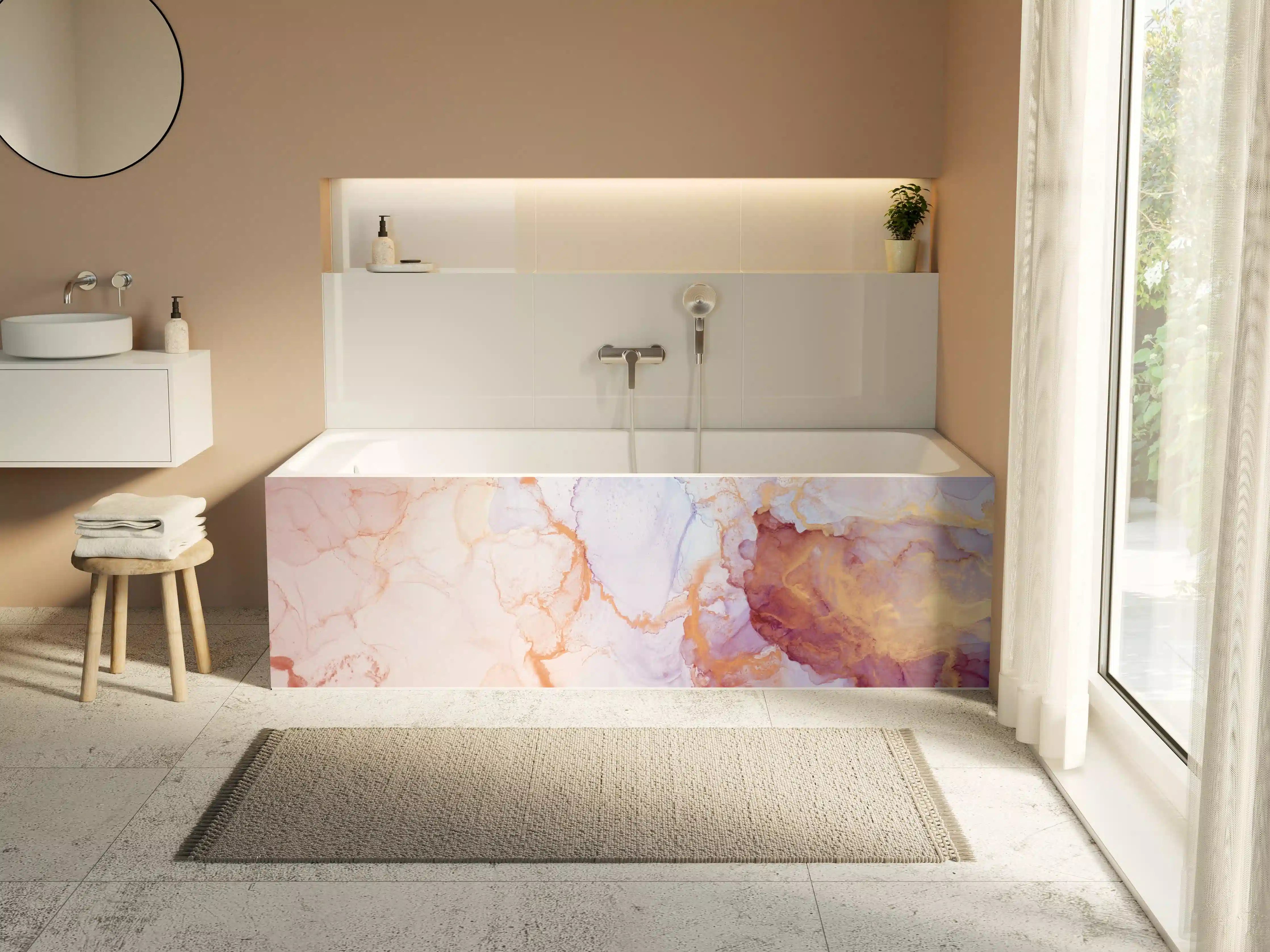 Badewannen-Rückwand - Sanfte Wasserfarben in Pastell-Orange und Lila