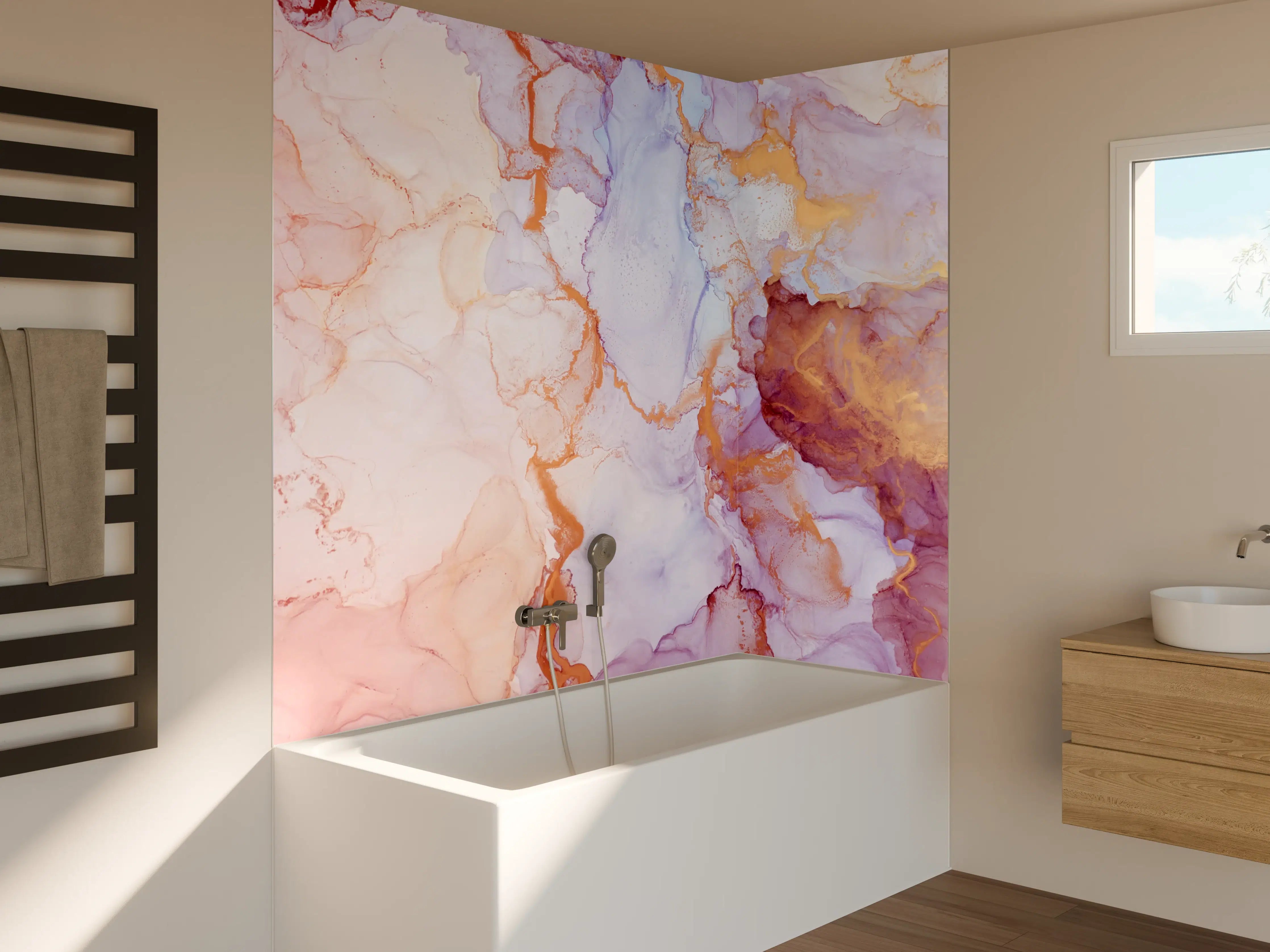 Badewannen-Rückwand - Sanfte Wasserfarben in Pastell-Orange und Lila