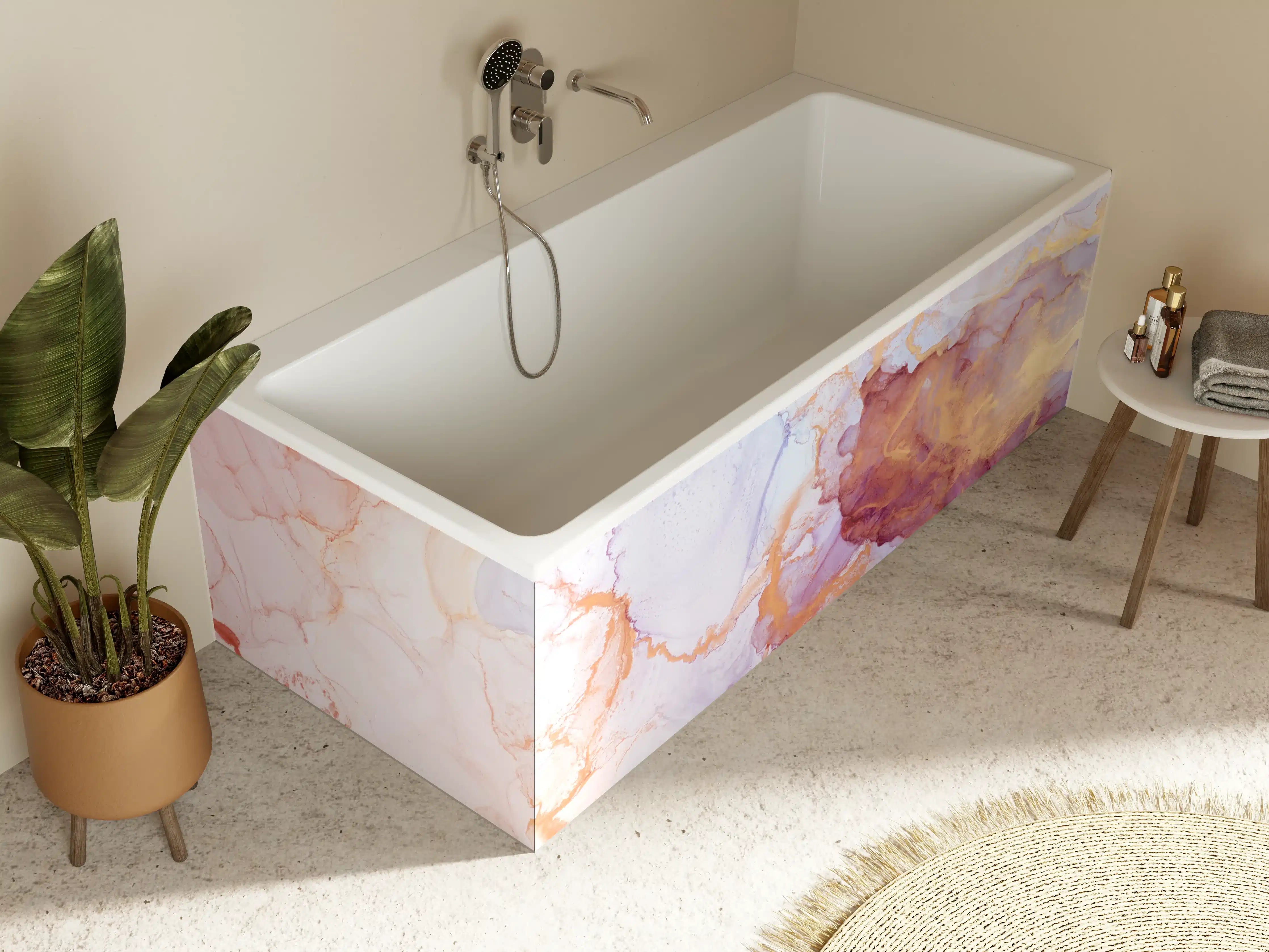 Badewannen-Rückwand - Sanfte Wasserfarben in Pastell-Orange und Lila