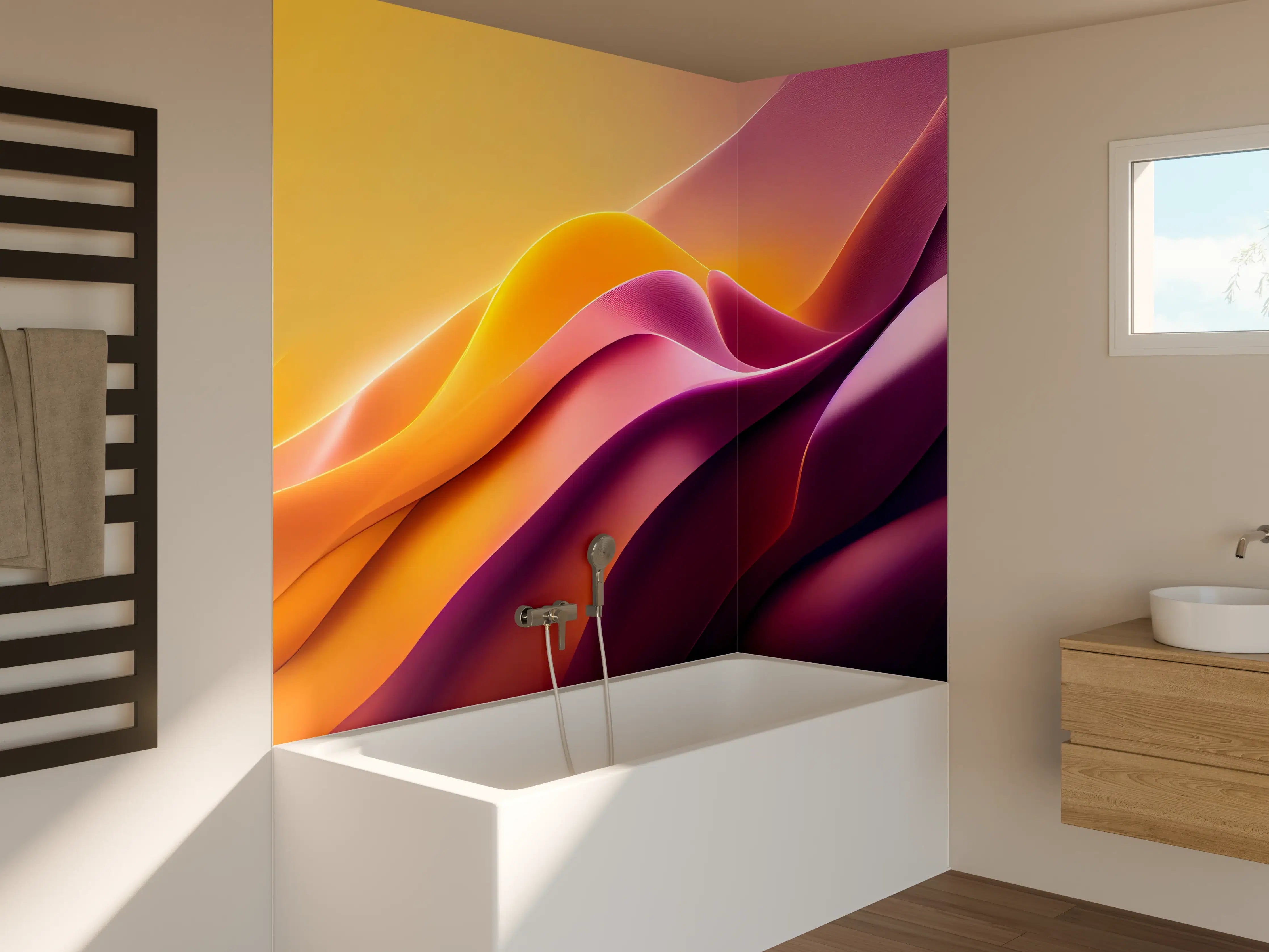 Badewannen-Rückwand - Sanfte Wellen in warmen Orangetönen