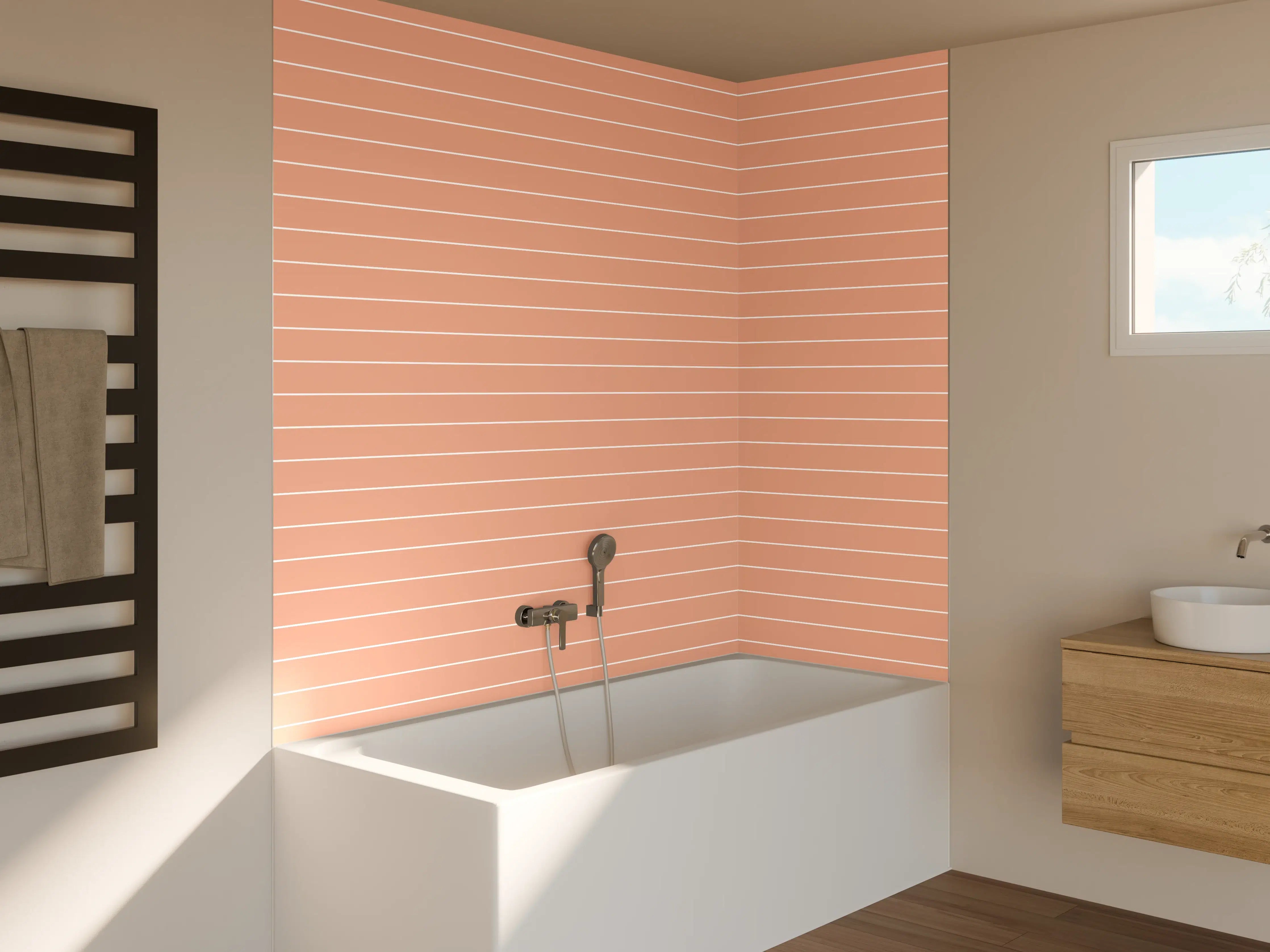 Badewannen-Rückwand - Sanfte rosa Streifen mit weißen Linien