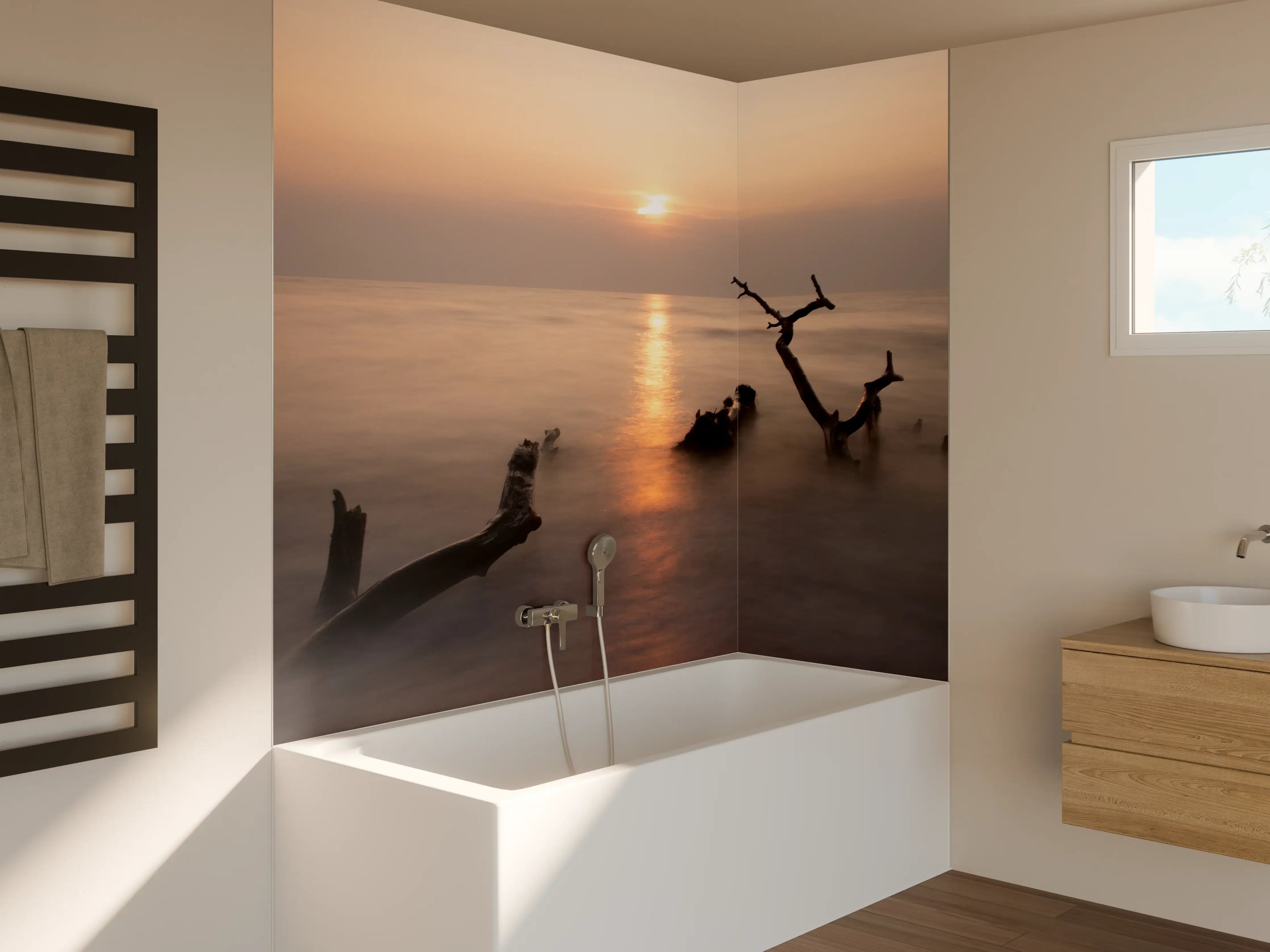 Badewannen-Rückwand - Sanfter Sonnenuntergang am Meer