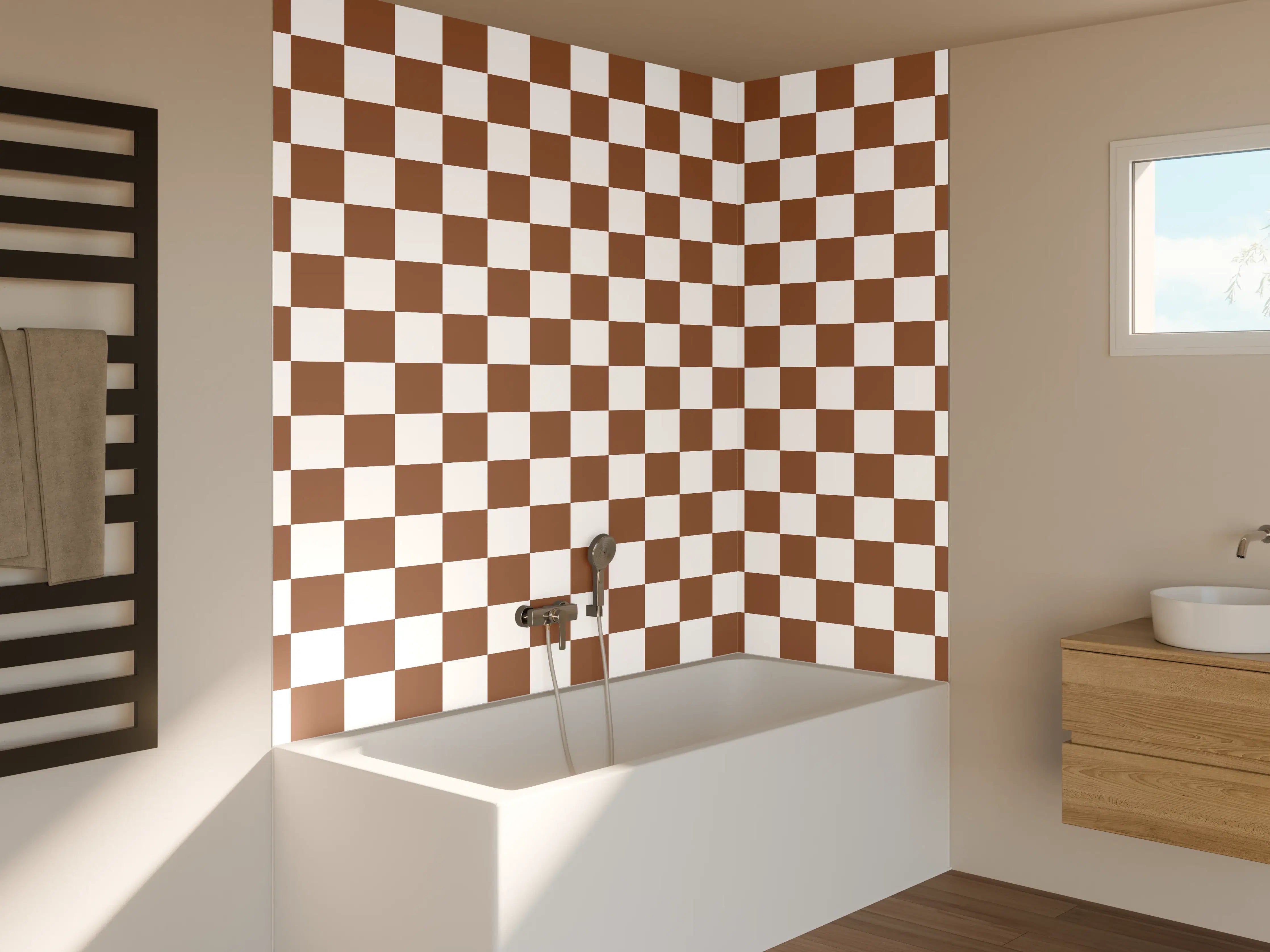 Badewannen-Rückwand - Schachbrettmuster in Braun und Weiß