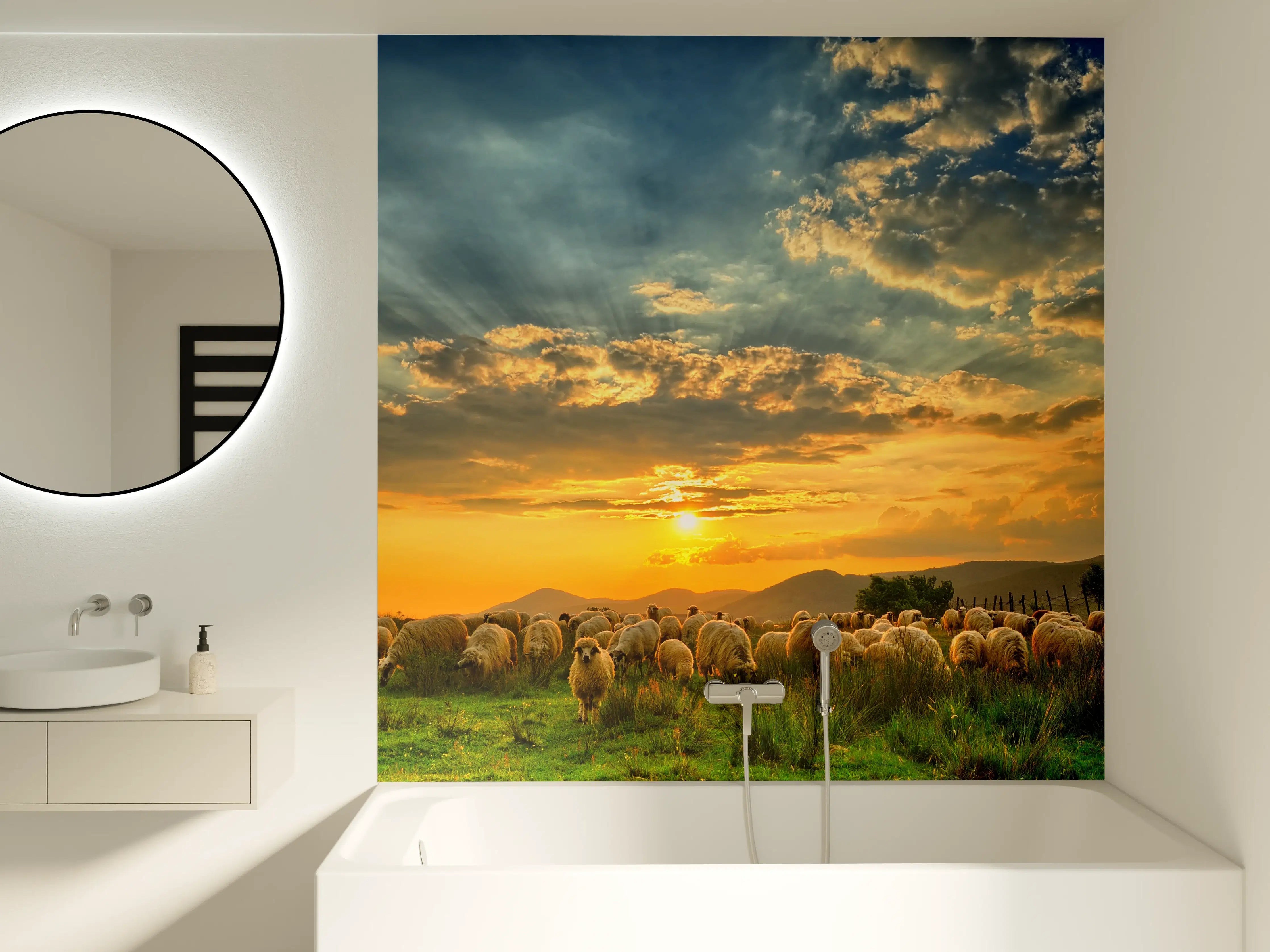 Badewannen-Rückwand - Schafsherde bei Sonnenuntergang