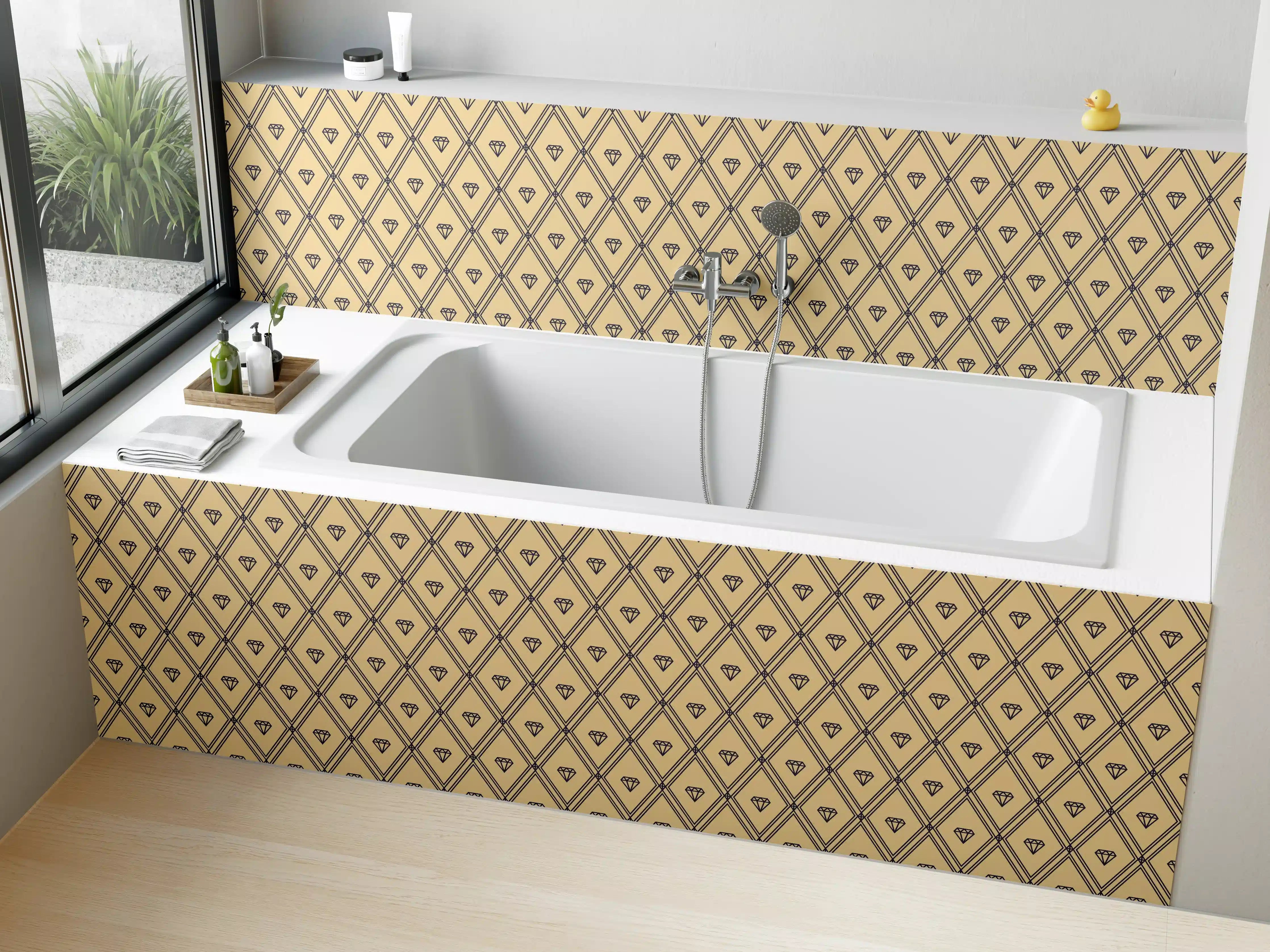 Badewannen-Rückwand - Schimmernde Goldmuster auf grauweißem Untergrund