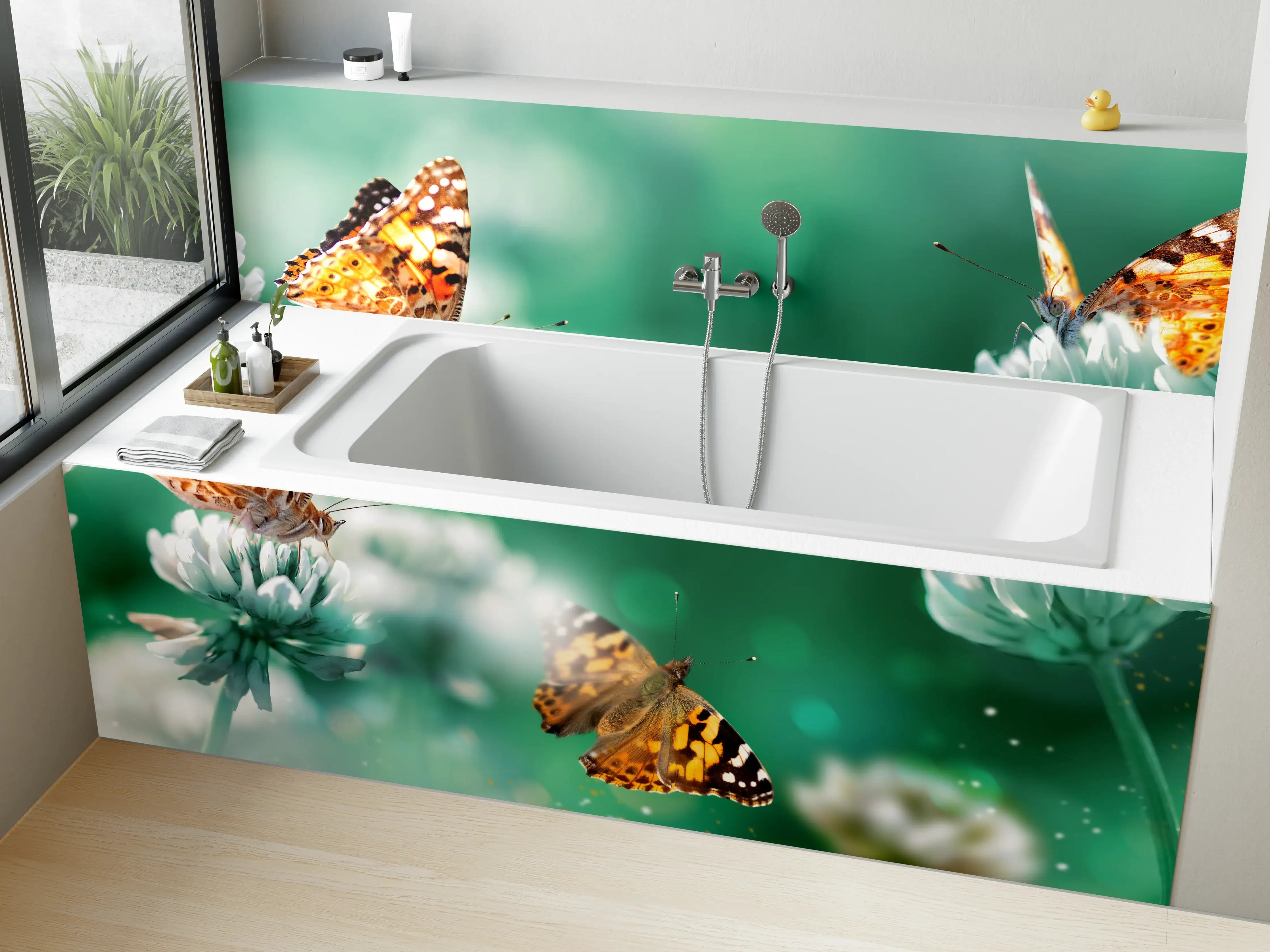 Badewannen-Rückwand - Schmetterling auf Weißkleeblüten