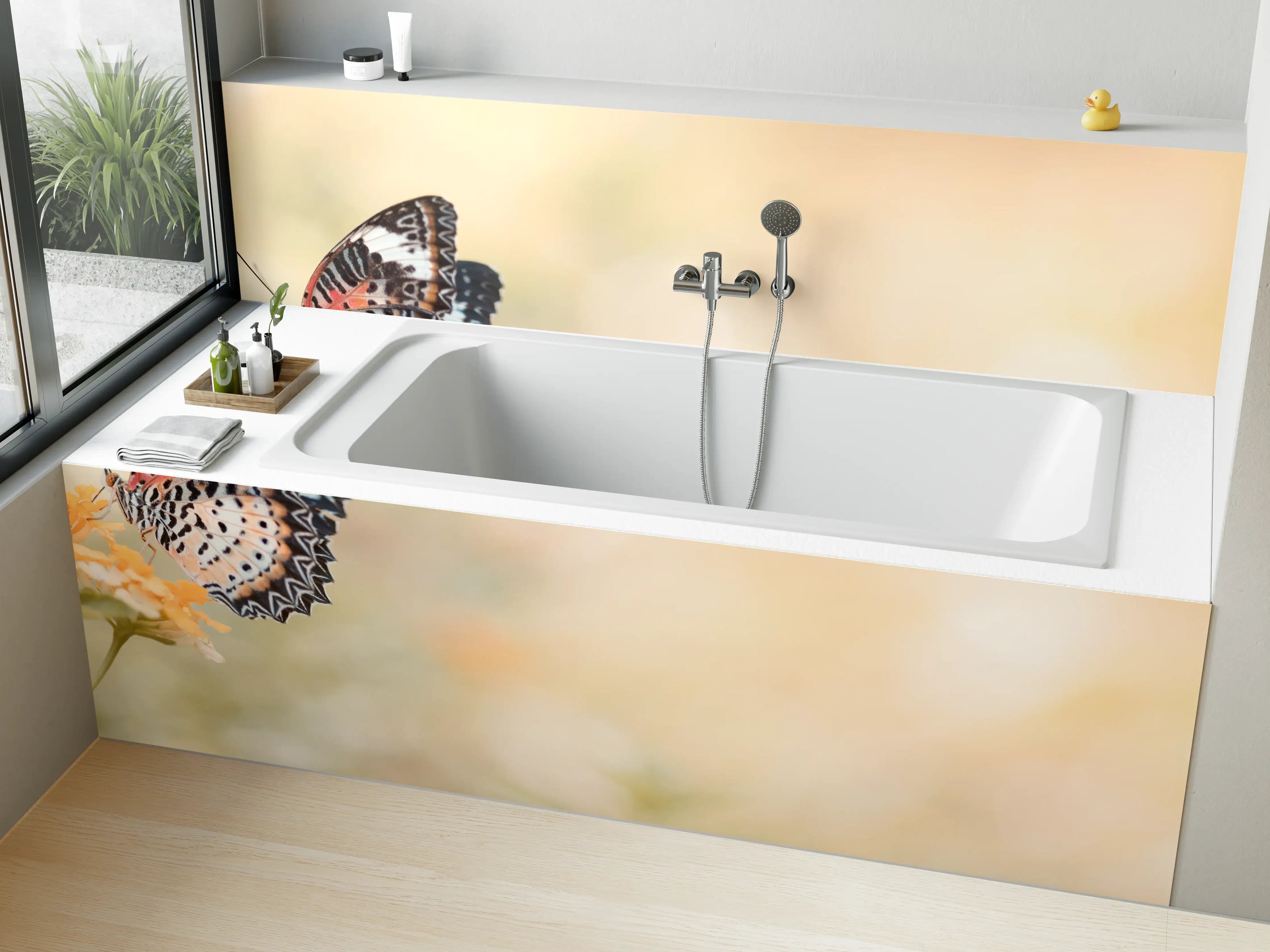 Badewannen-Rückwand - Schmetterling auf eine orangene Blume
