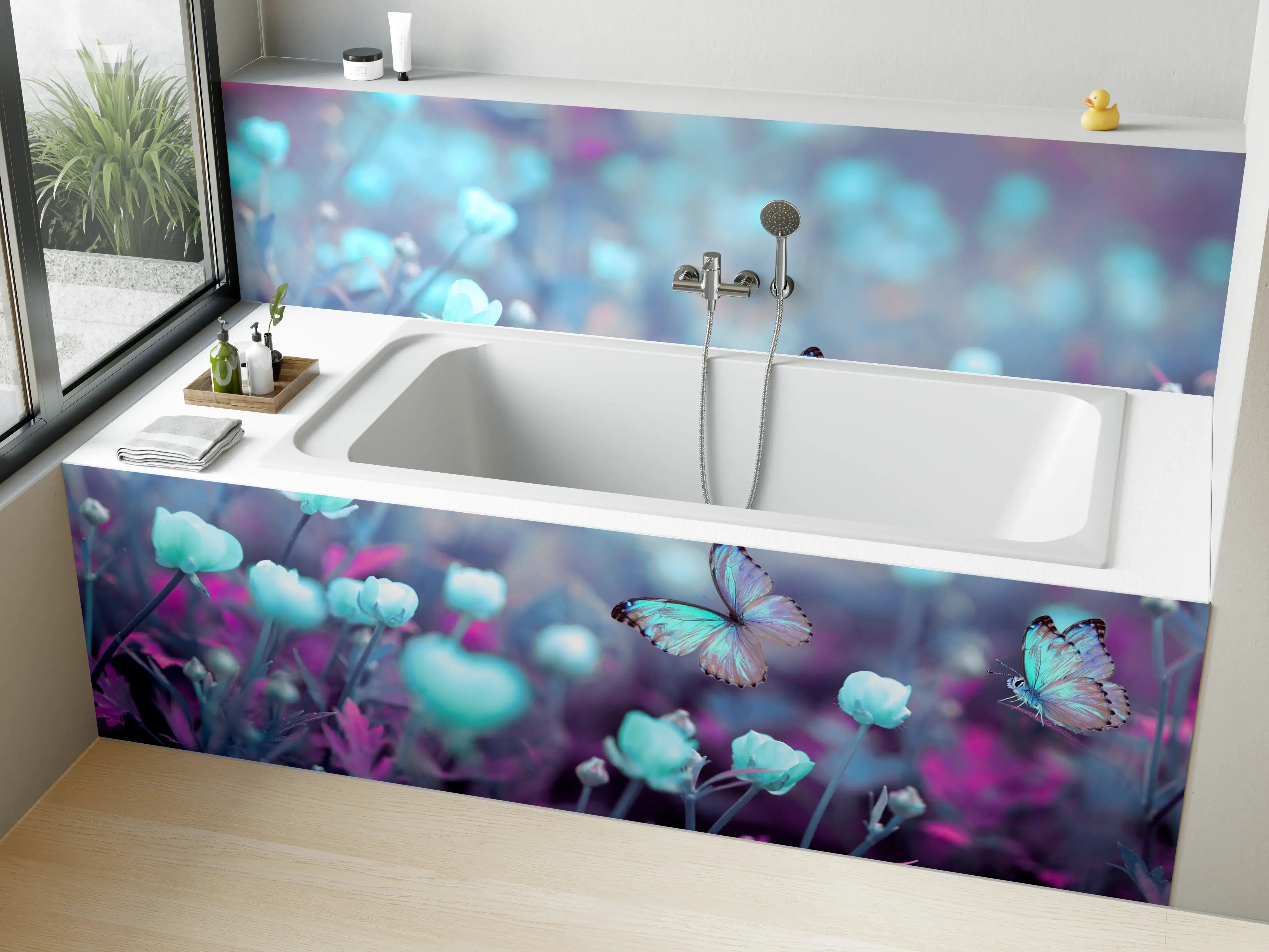 Badewannen-Rückwand - Schmetterlinge über wilden Blumen