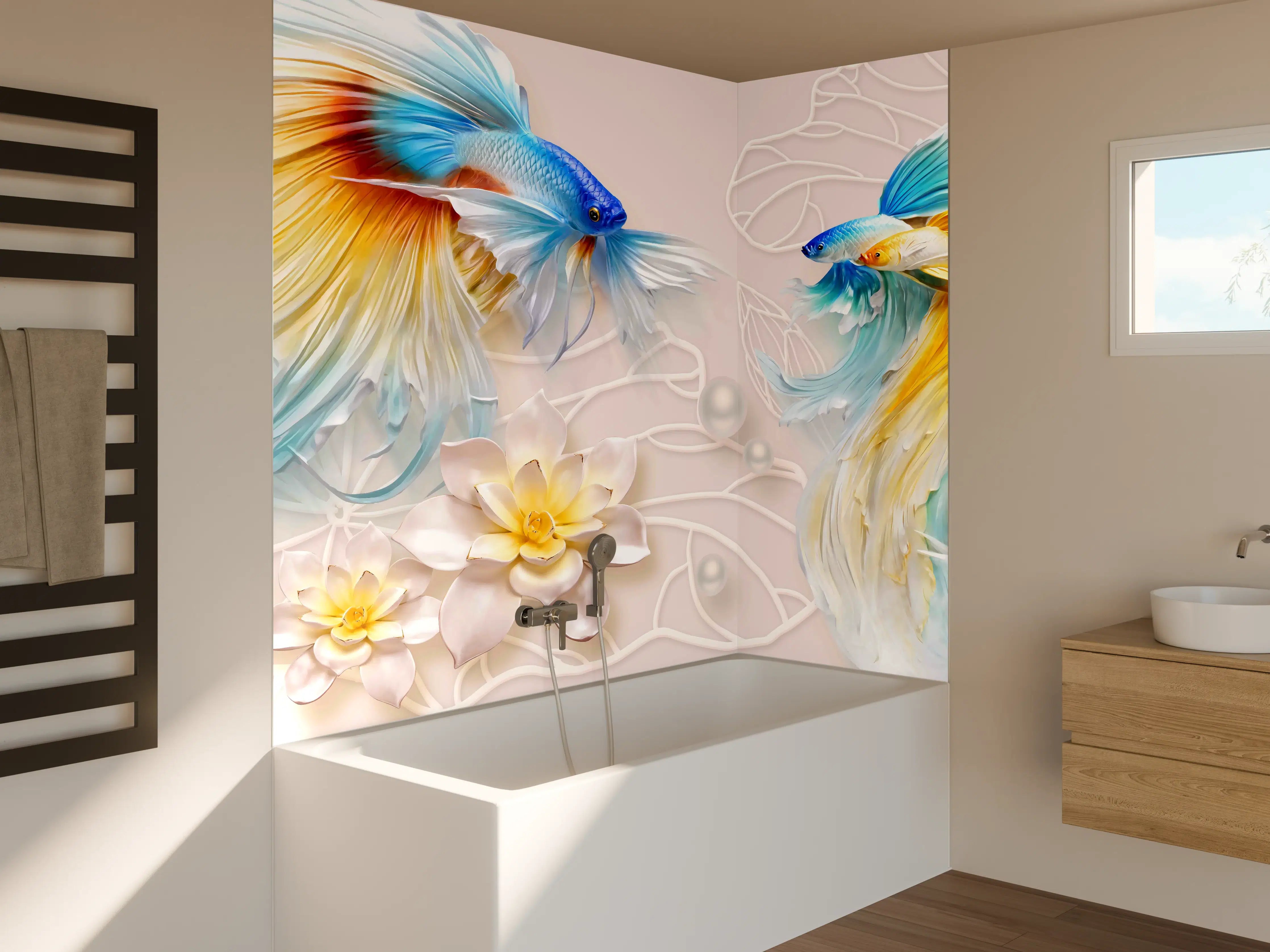 Badewannen-Rückwand - Schöne Fische auf Rosa Hintergrund
