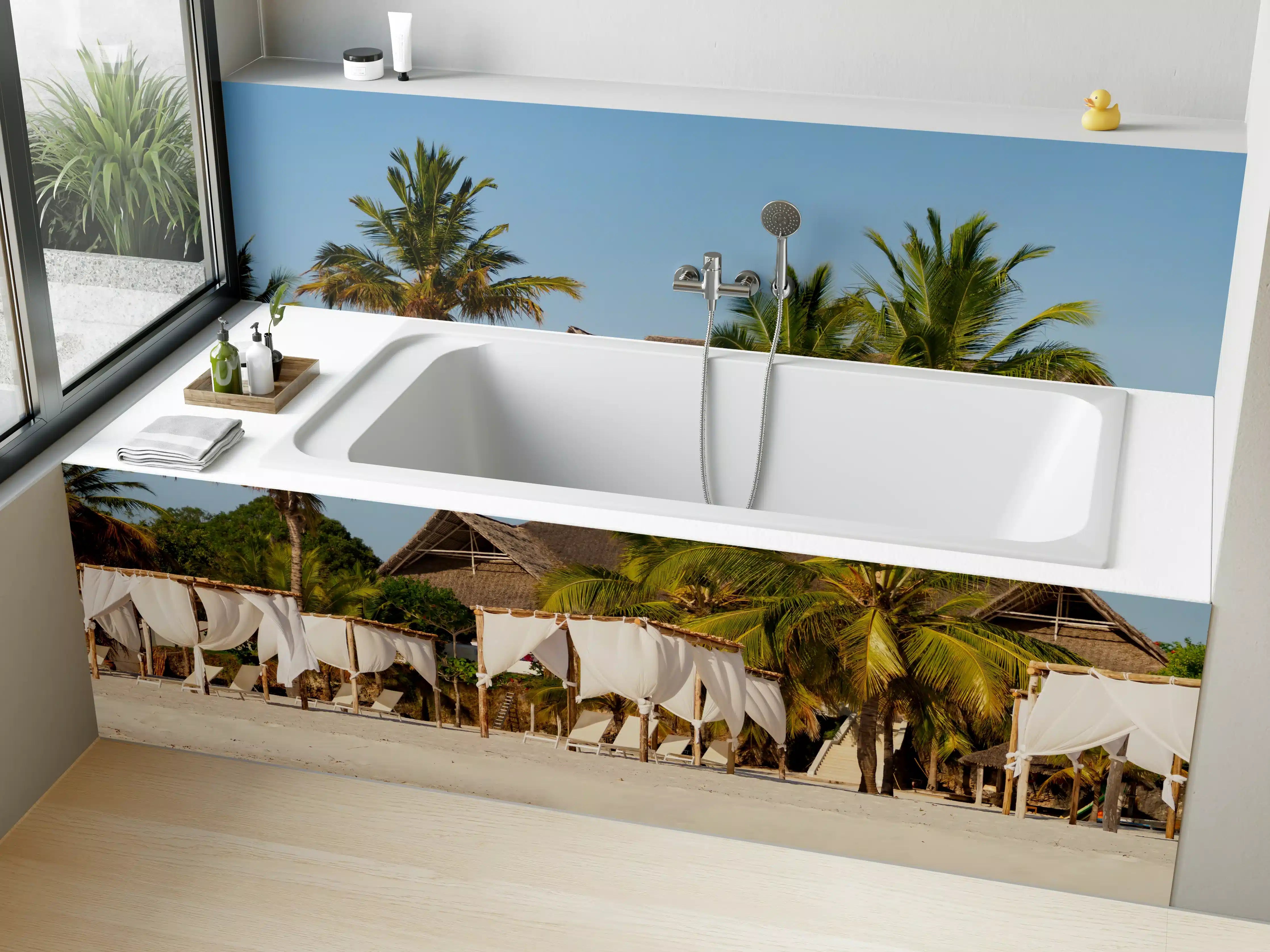 Badewannen-Rückwand - Schöner Strand mit Liegen 