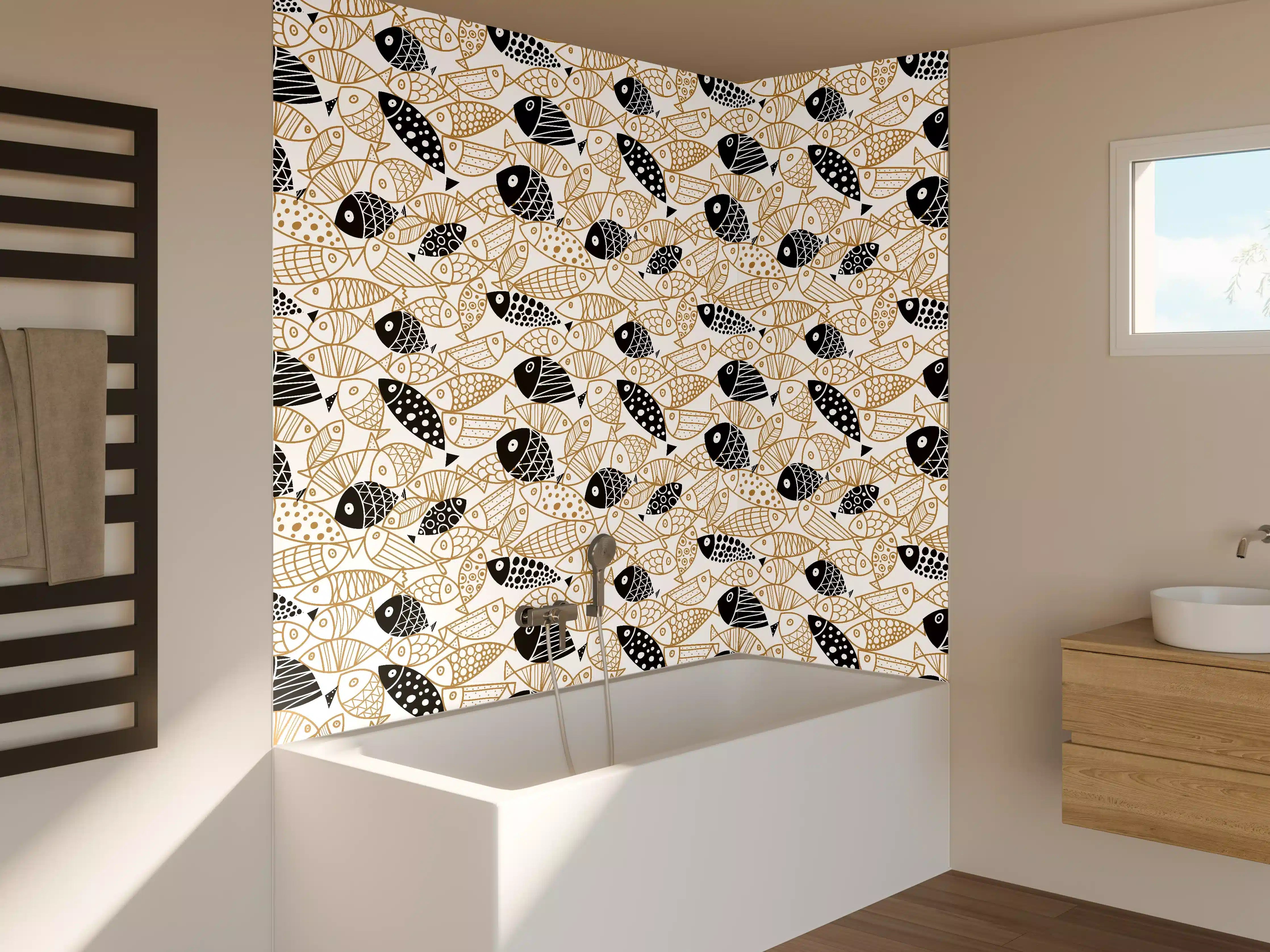 Badewannen-Rückwand - Schwarz-Gold Fische Muster