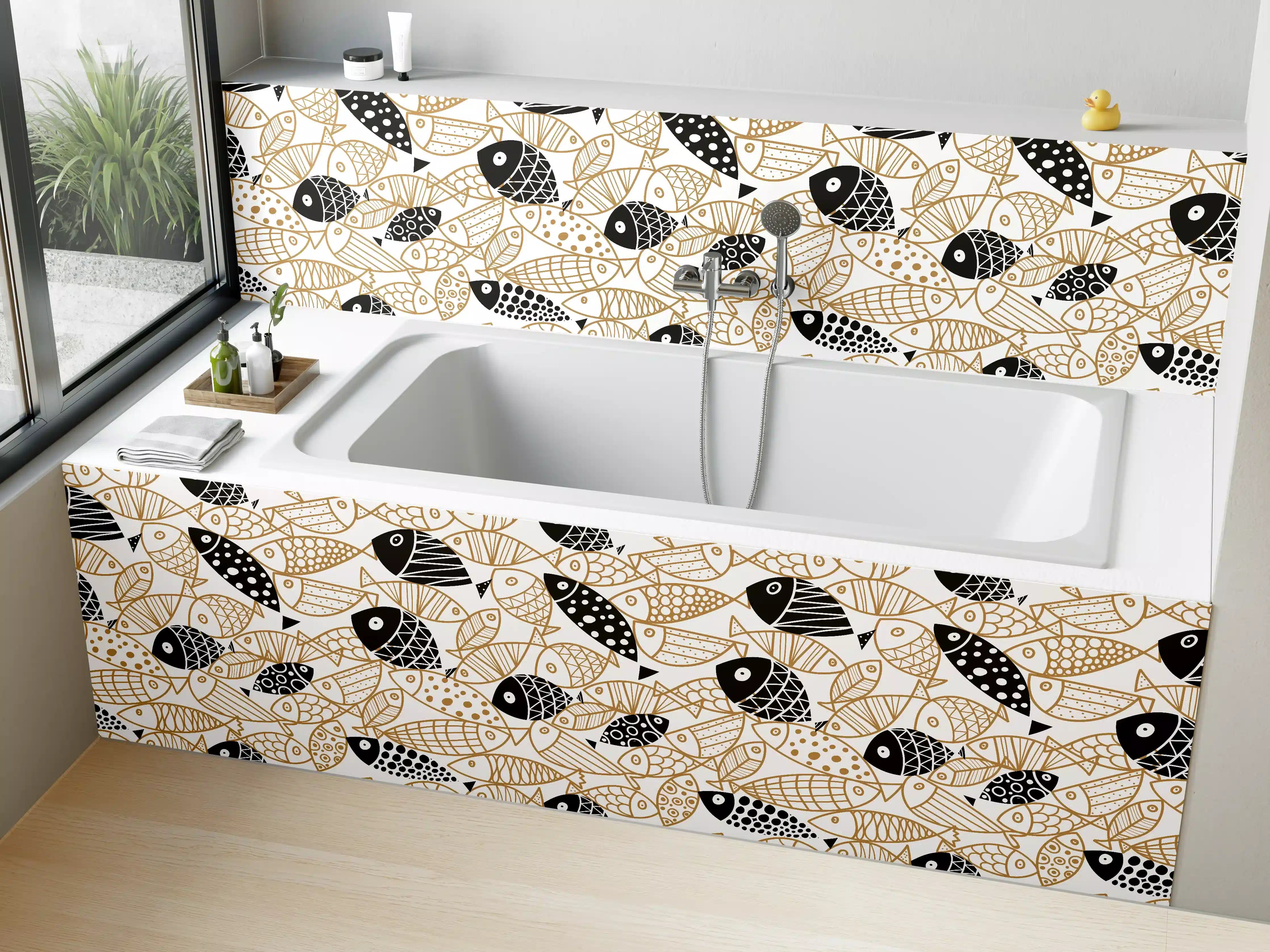 Badewannen-Rückwand - Schwarz-Gold Fische Muster